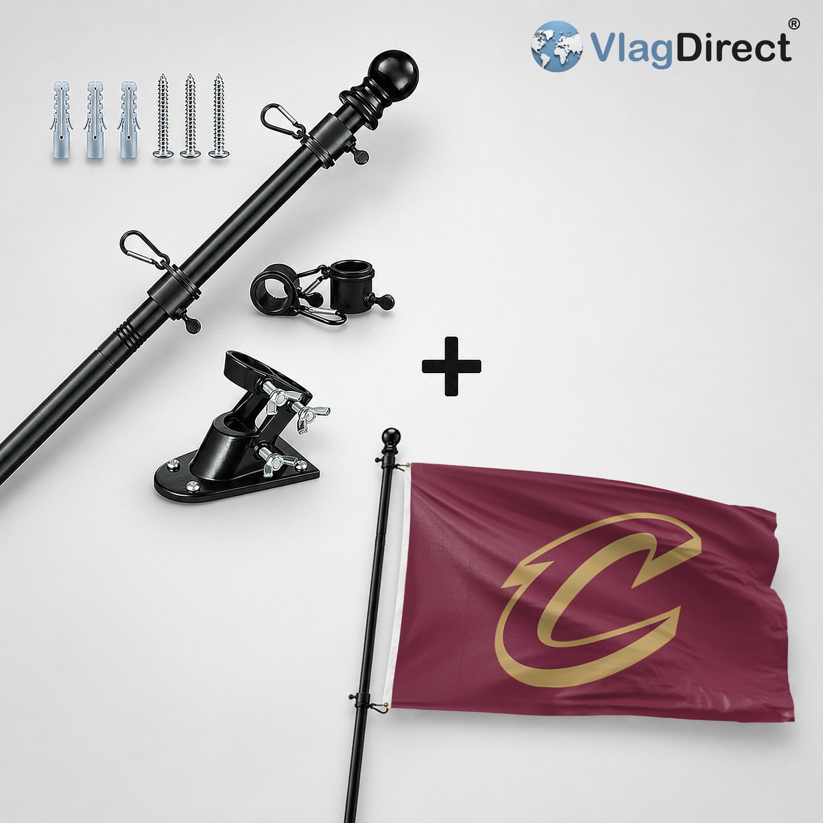 VlagDirect - Compleet vlaggenpakket - Zwarte vlaggenstok inclusief vlaggenstokhouder + Cleveland Cavaliers vlag - Cleveland Cavaliers basketbalteam vlag - 90 x 150 cm.