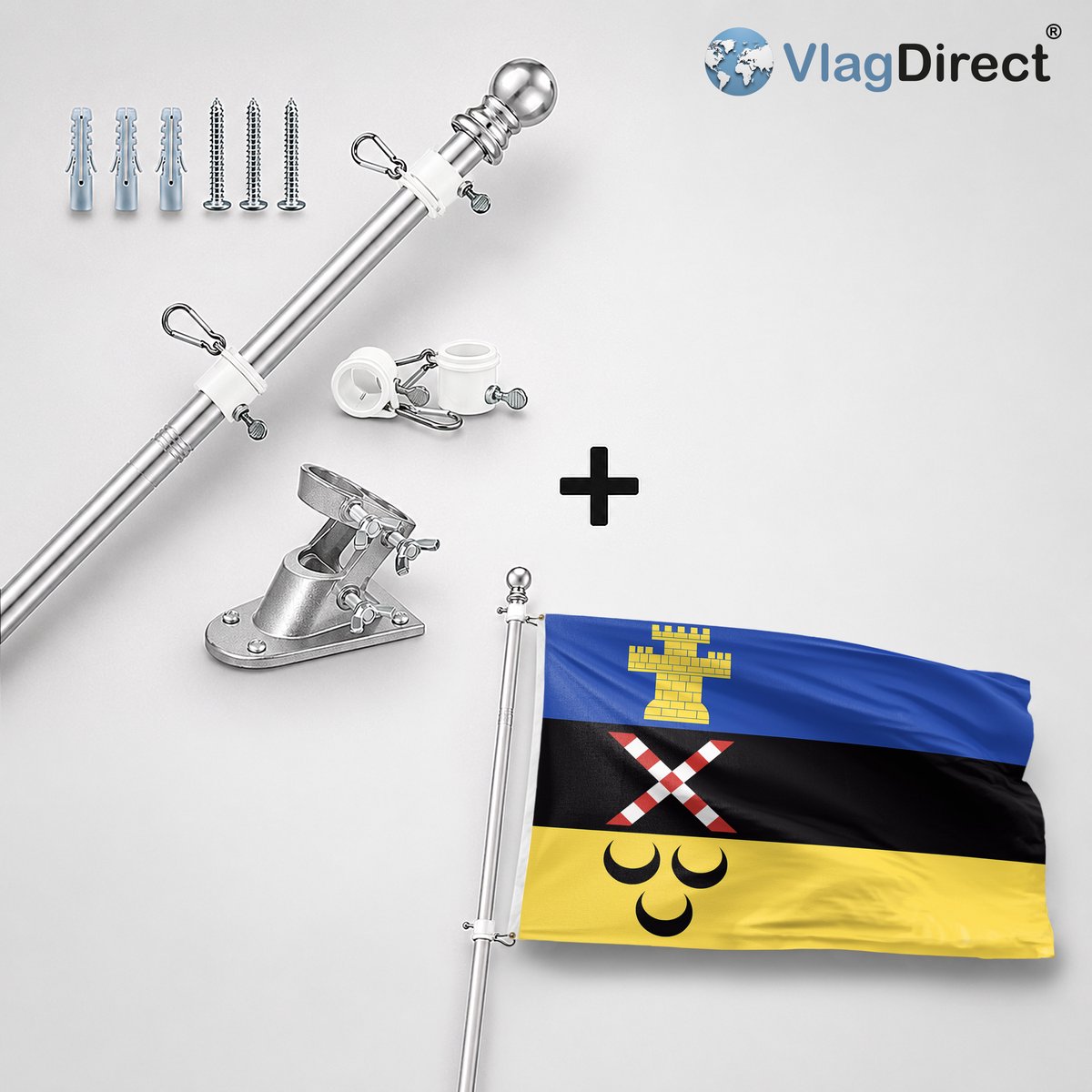 VlagDirect - Compleet vlaggenpakket - Zilveren vlaggenstok inclusief vlaggenstokhouder + Meierijstad vlag - Gemeente Meierijstad vlag - 90 x 150 cm.