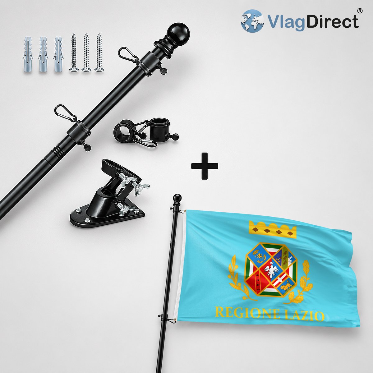 VlagDirect - Compleet vlaggenpakket - Zwarte vlaggenstok inclusief vlaggenstokhouder + Lazio vlag - 90 x 150 cm.
