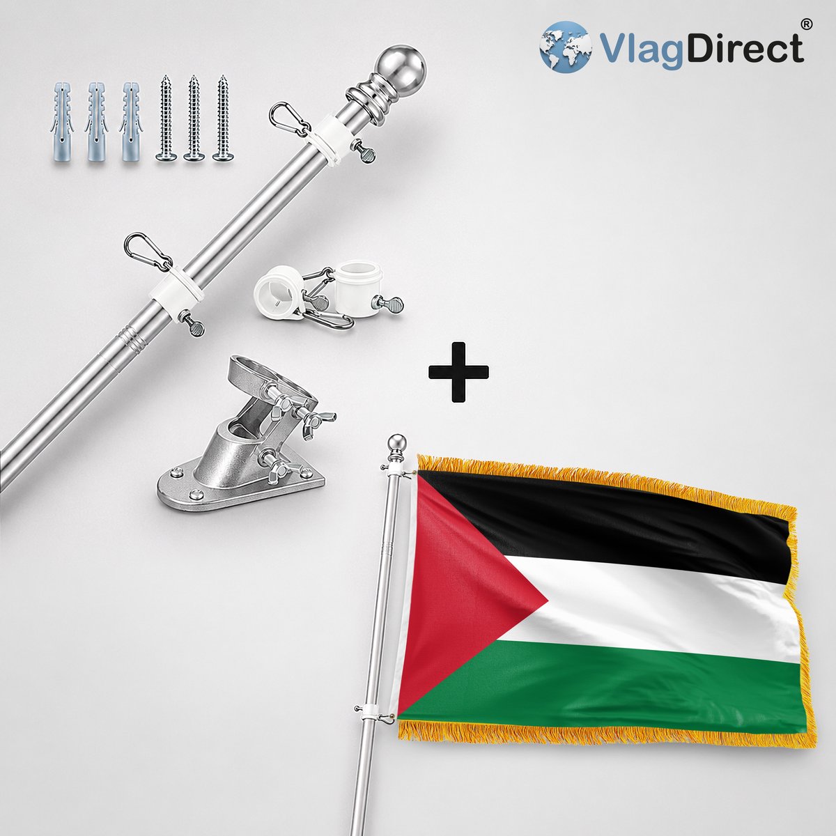 VlagDirect - Compleet vlaggenpakket - Zilveren vlaggenstok inclusief vlaggenstokhouder + Luxe Palestijnse vlag - Luxe Palestina vlag - 90 x 150 cm - Franjes.