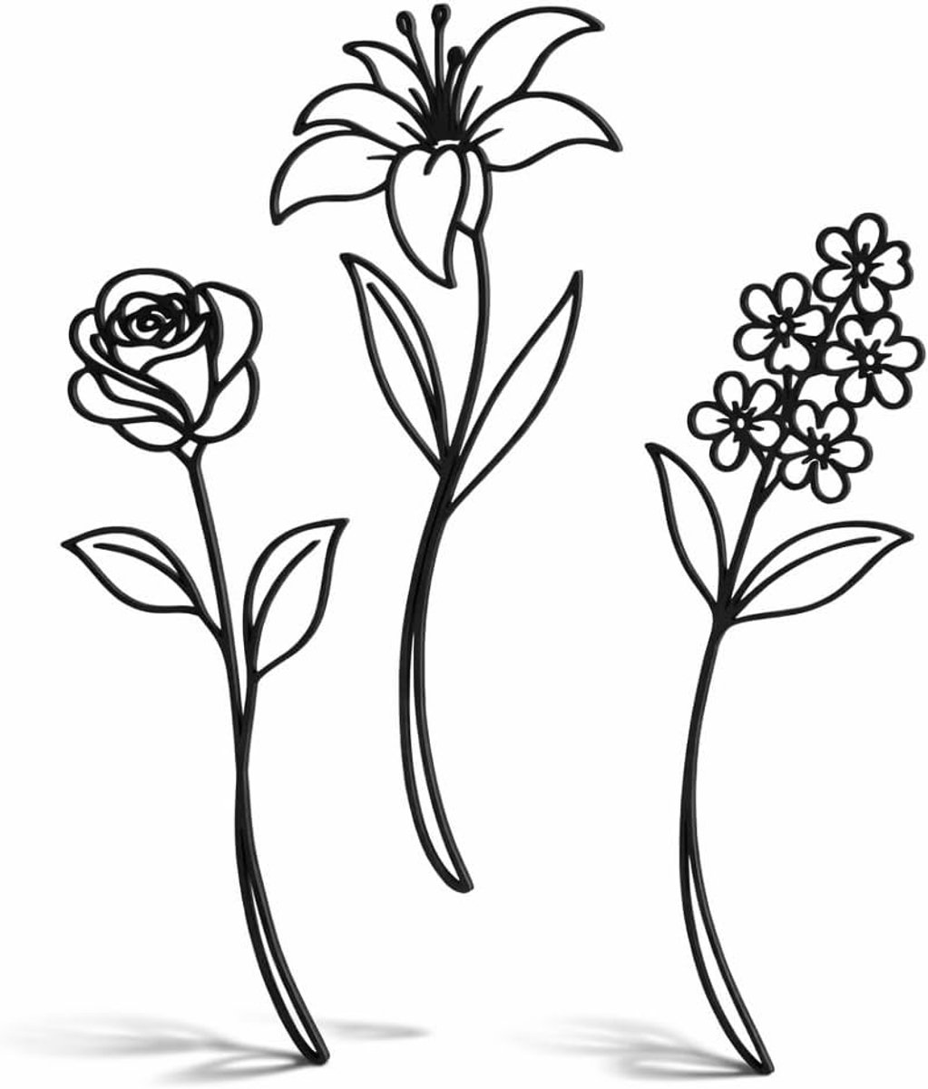 NewGround Designs Minimalistische 2D decoratieve bloemen, stijlvolle set van 3, woondecoratie, moderne - ShopVlot