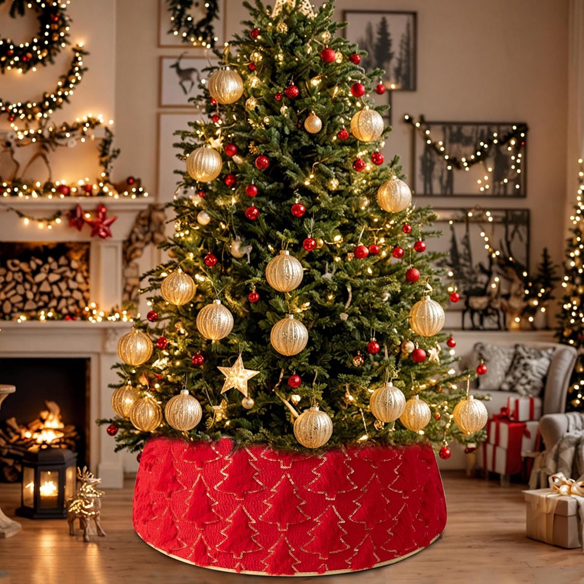 Kerstboomrok rond - rode pluche - decoratief - verbergt standaard en snoeren - ShopVlot