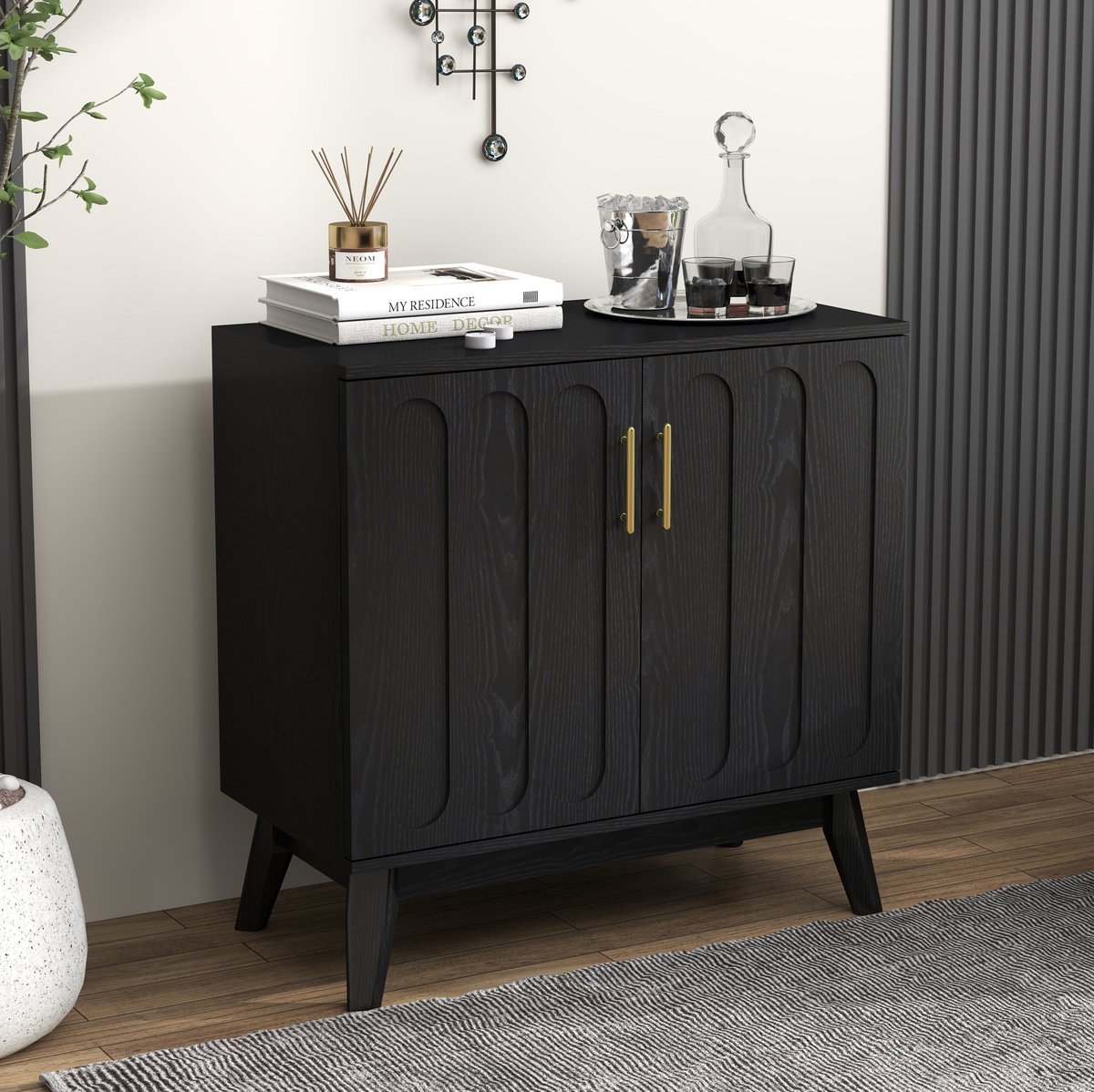 DESMIU Dressoir - Retro Design Met Geribbelde Deuren En Verstelbare Planken - Voor Woonkamer En Hal - MDF En Hout - Zwart