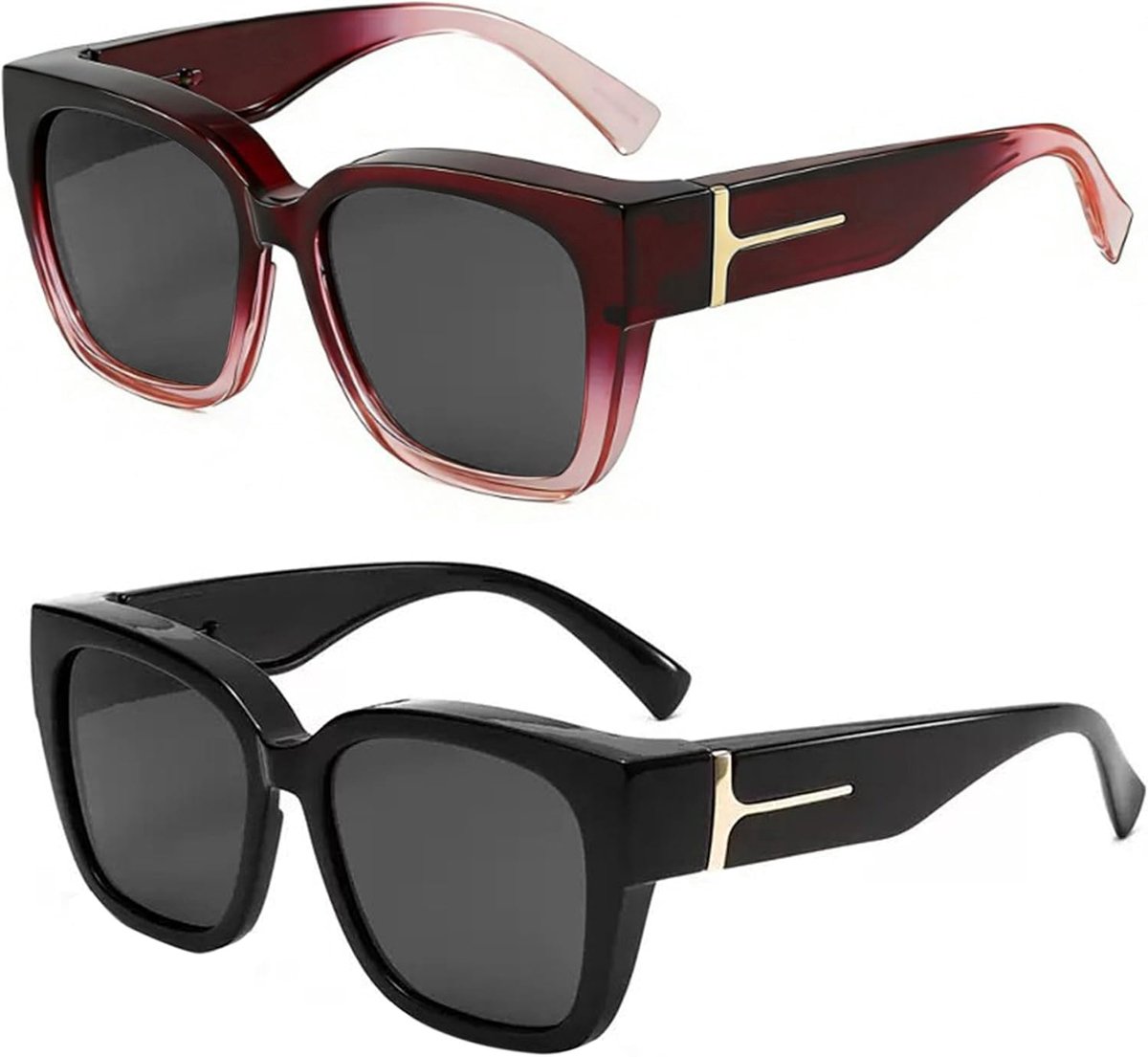 Pack of 2 Women's Sunglasses for Wearing Glasses, UV400 Protection, Polarised Square Oversized Glasses for Glasses - ShopVlot