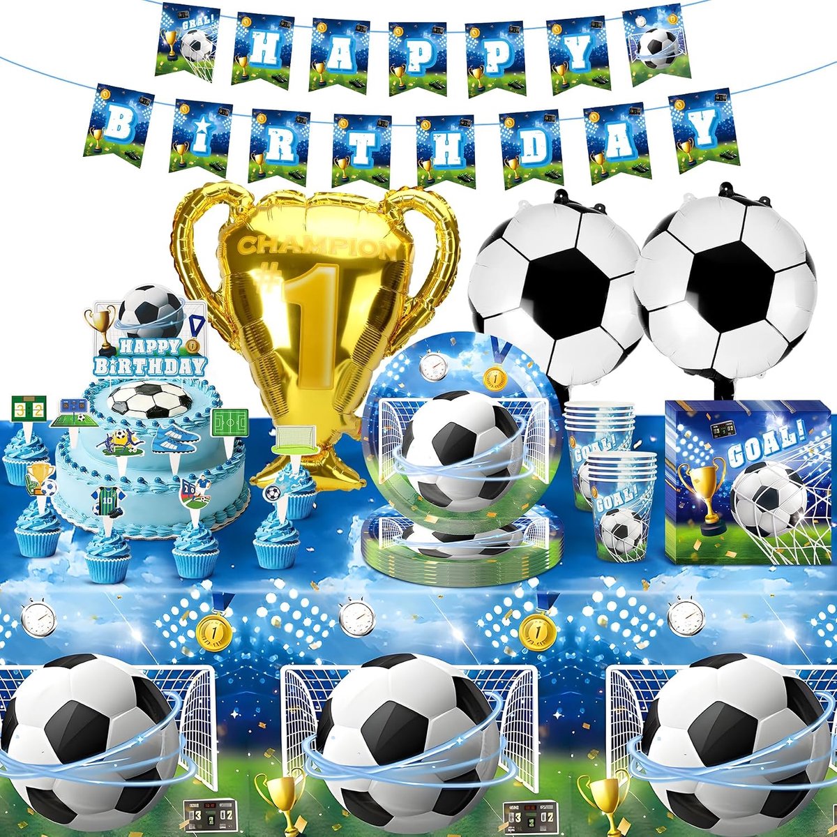 Verjaardagsdecoratieset, 90 stuks, voetbalfeestaccessoires met tafelkleed, ballonnen, kopjes, servetten, banner - ShopVlot