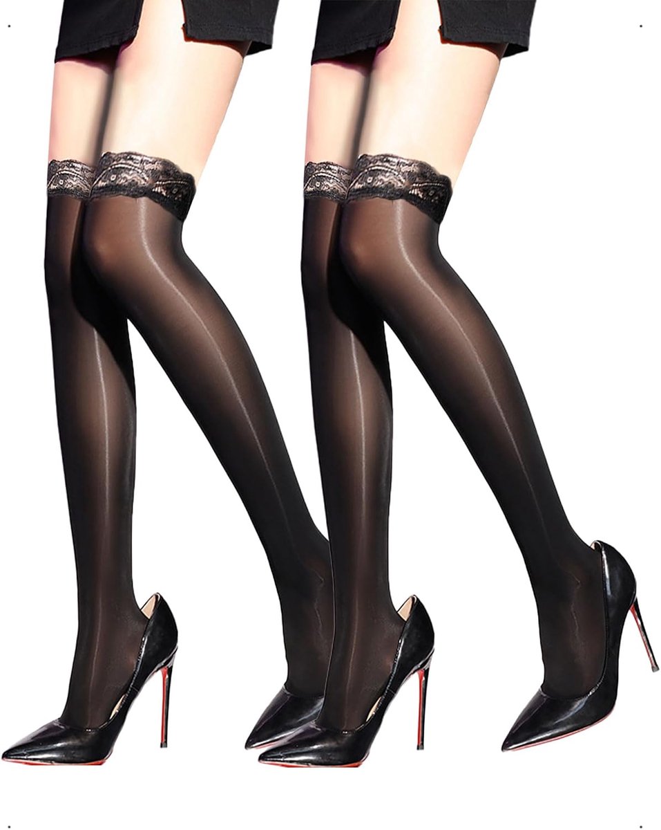 2 Pairs Hold-Up Stockings Lace Stockings Ladies Oily Shiny 8D Horse Oil Oily Sexy Thigh Non Slip Silicone Nylon - ShopVlot