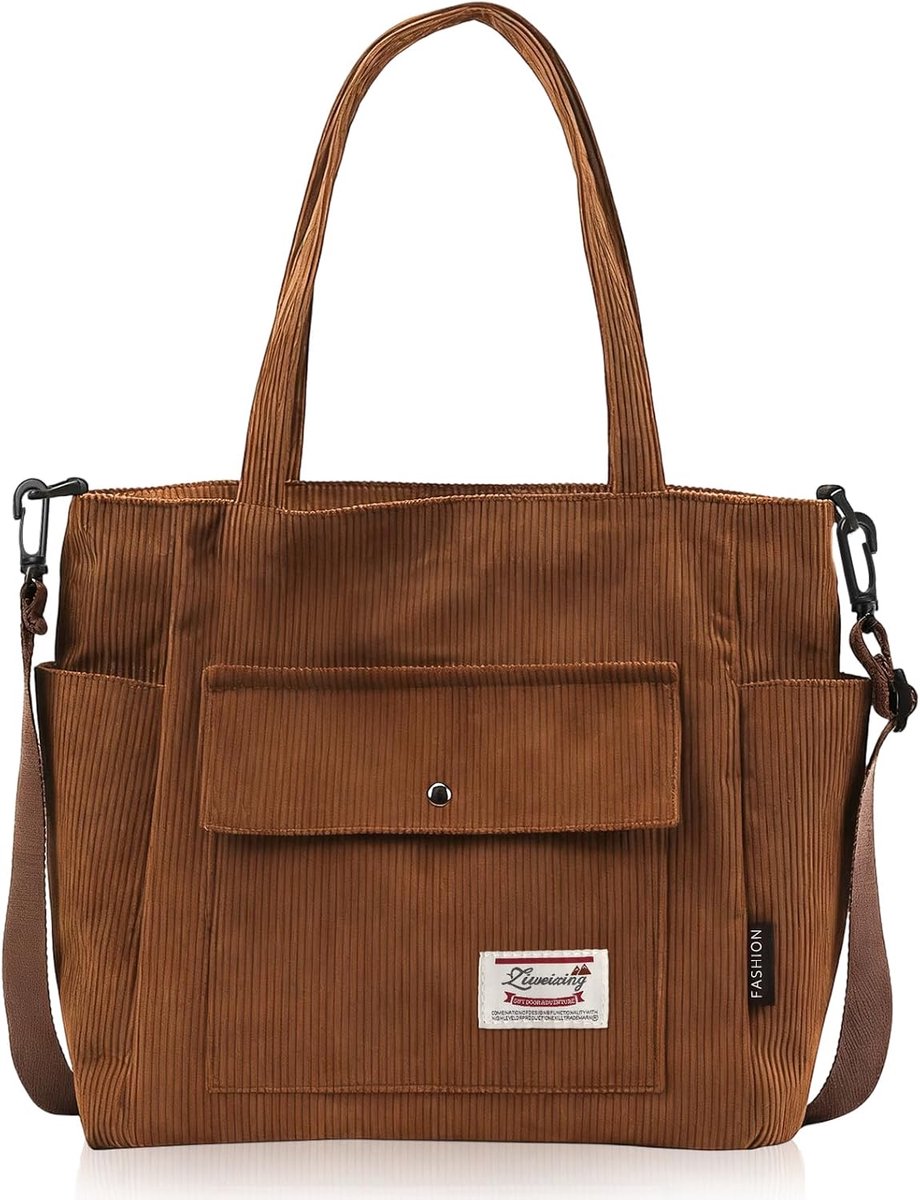 Corduroy bag handbag large ladies shoulder bag tote bag brown - ShopVlot
