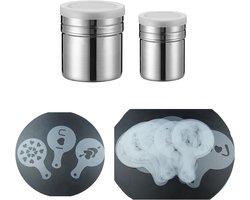 Set van 2 poedersuiker shakers en 24 koffie sjablonen voor cappuccino en chocoladedecoratie, ideaal voor barista's en thuisgebruik