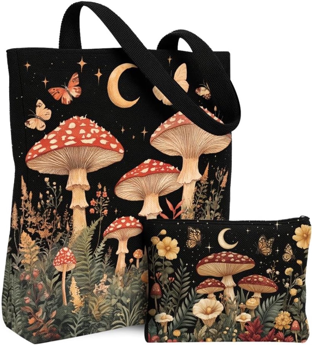 Set van 2 Herbruikbare Canvas Tote Bags en Make-up Etui, Schattige Vouwbare Handtas voor Vrouwen, Ideaal voor Winkelen, Reizen en Dagelijks Gebruik