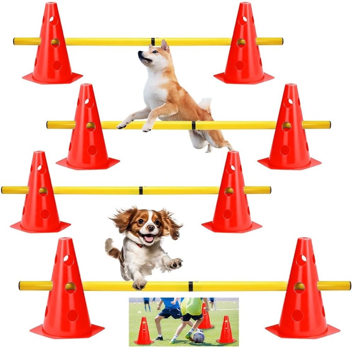 Behendigheidsset voor honden en kinderen, steekhorden met 8 kegels en 4 stangen voor training, hondensport en agility oefeningen