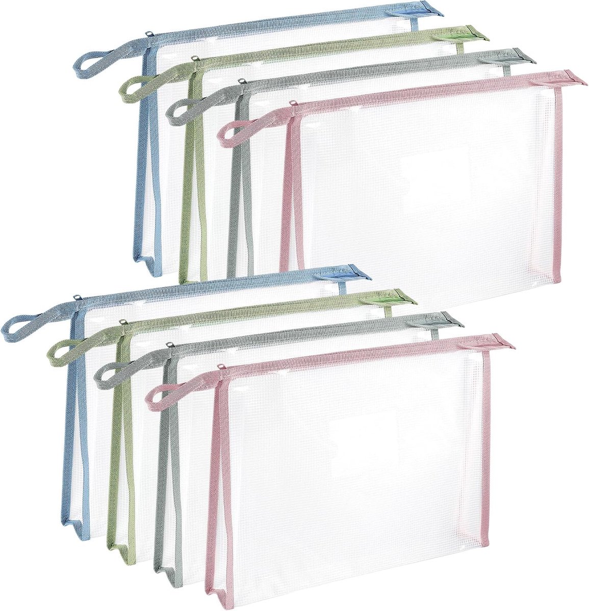 8 stuks documententas A4 met ritssluiting, 34 x 24 x 6 cm, transparant, pvc, in 4 kleuren, map A4 met ritssluiting - ShopVlot