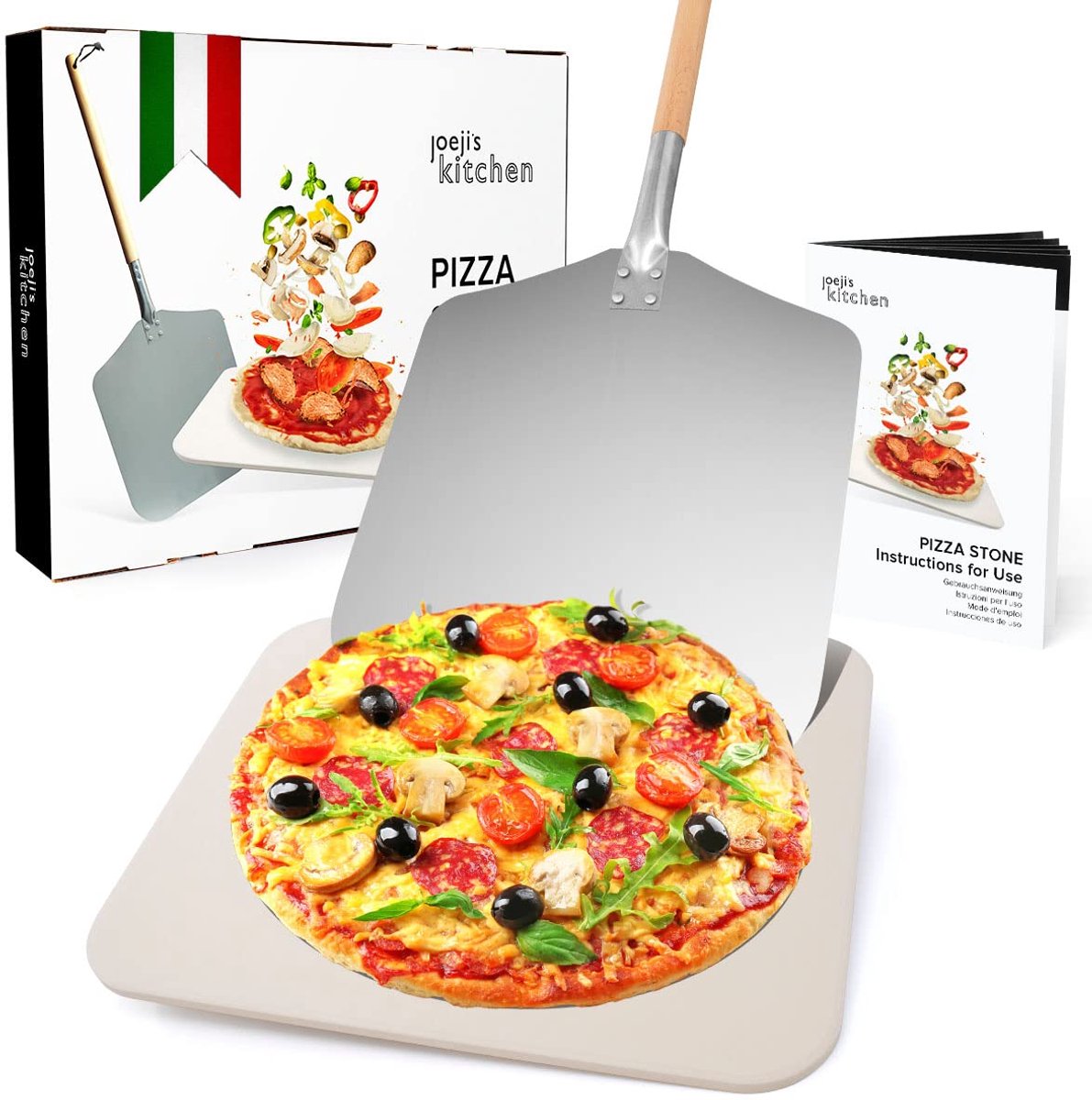 Pizzasteen en Pizzaschep Set - Rechthoekige Cordieriet Baksteen 30 x 38 cm voor Oven en BBQ - Aluminium Pizza Schep met Afneembare Houten Handgreep - Hittebestendige Bakaccessoires voor Zelfgemaakte Pizza's