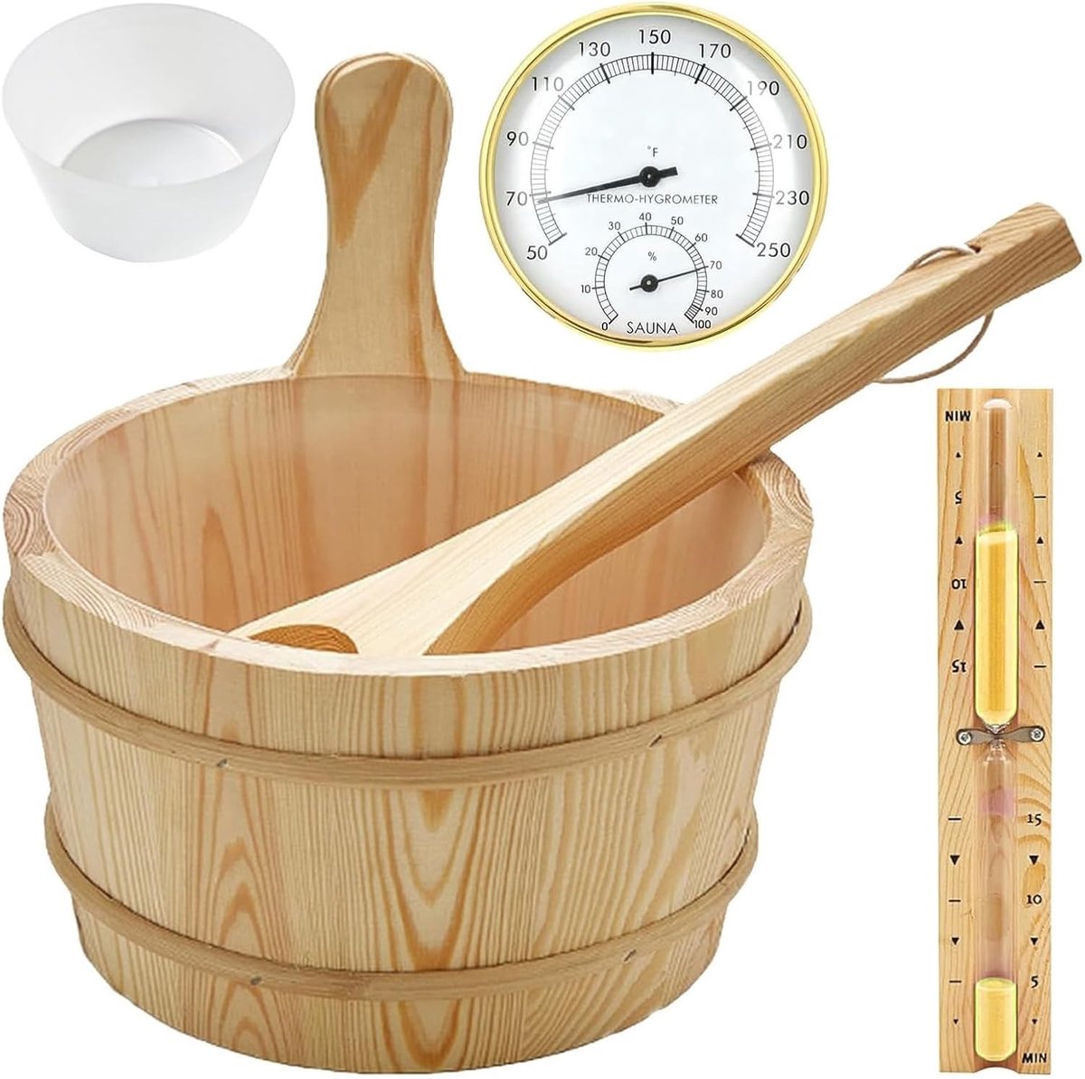 Sauna emmerset van 4 liter met thermo- en hygrometer | Hittebestendige sauna-emmer en inzetstuk