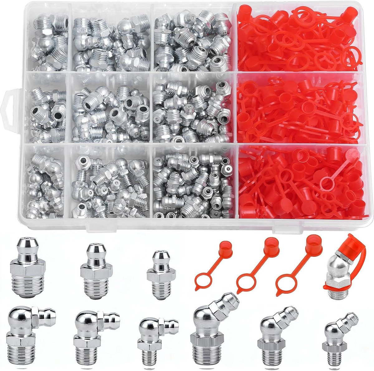 Smeernippel assortiment kit 360 stuks - M6 M8 M10 - recht en gebogen - voor vetpers en hydraulische toepassingen - ShopVlot