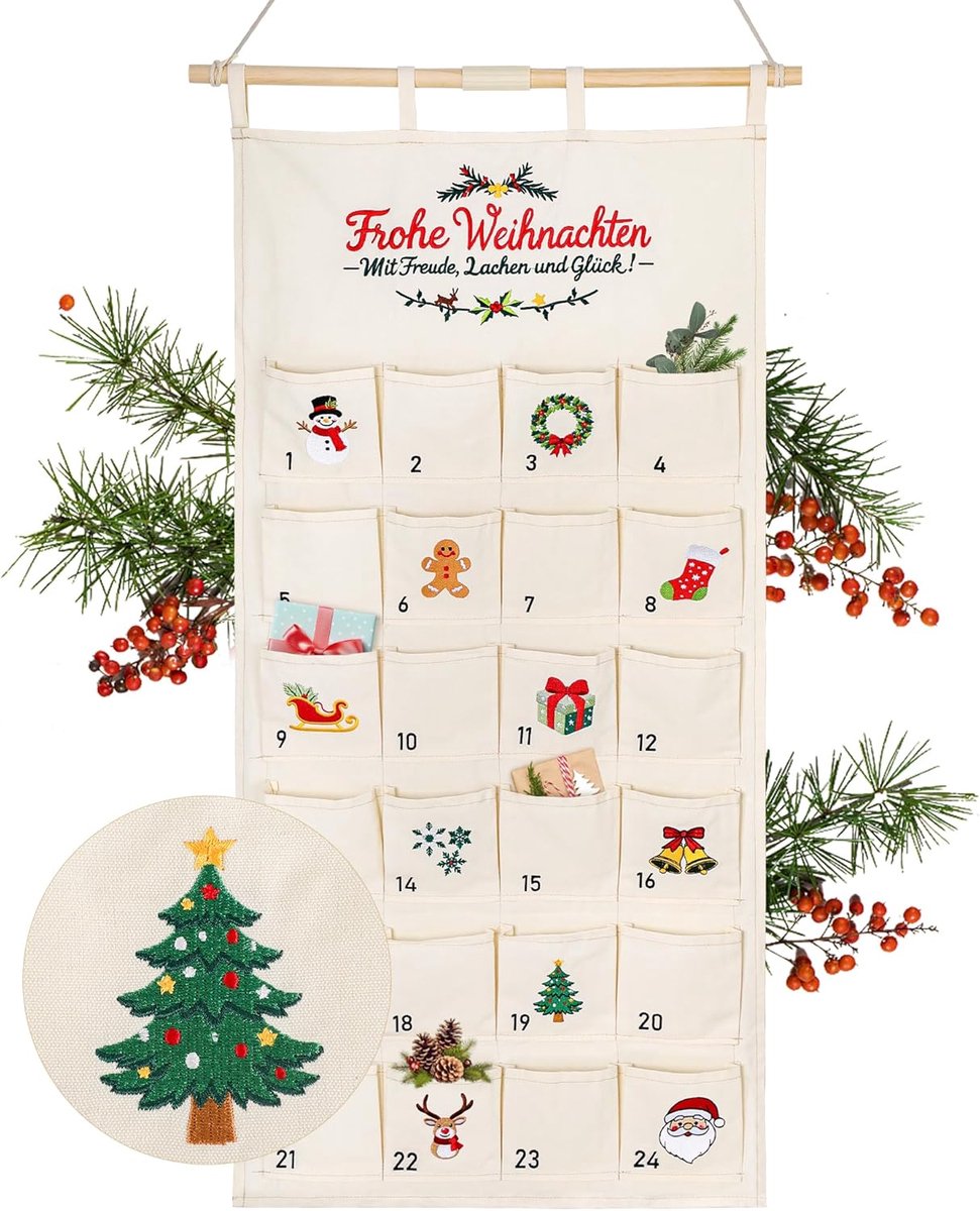 Adventskalender stof - gevuld met borduurmotieven - kleurrijke kerstpret - voor kinderen - ShopVlot