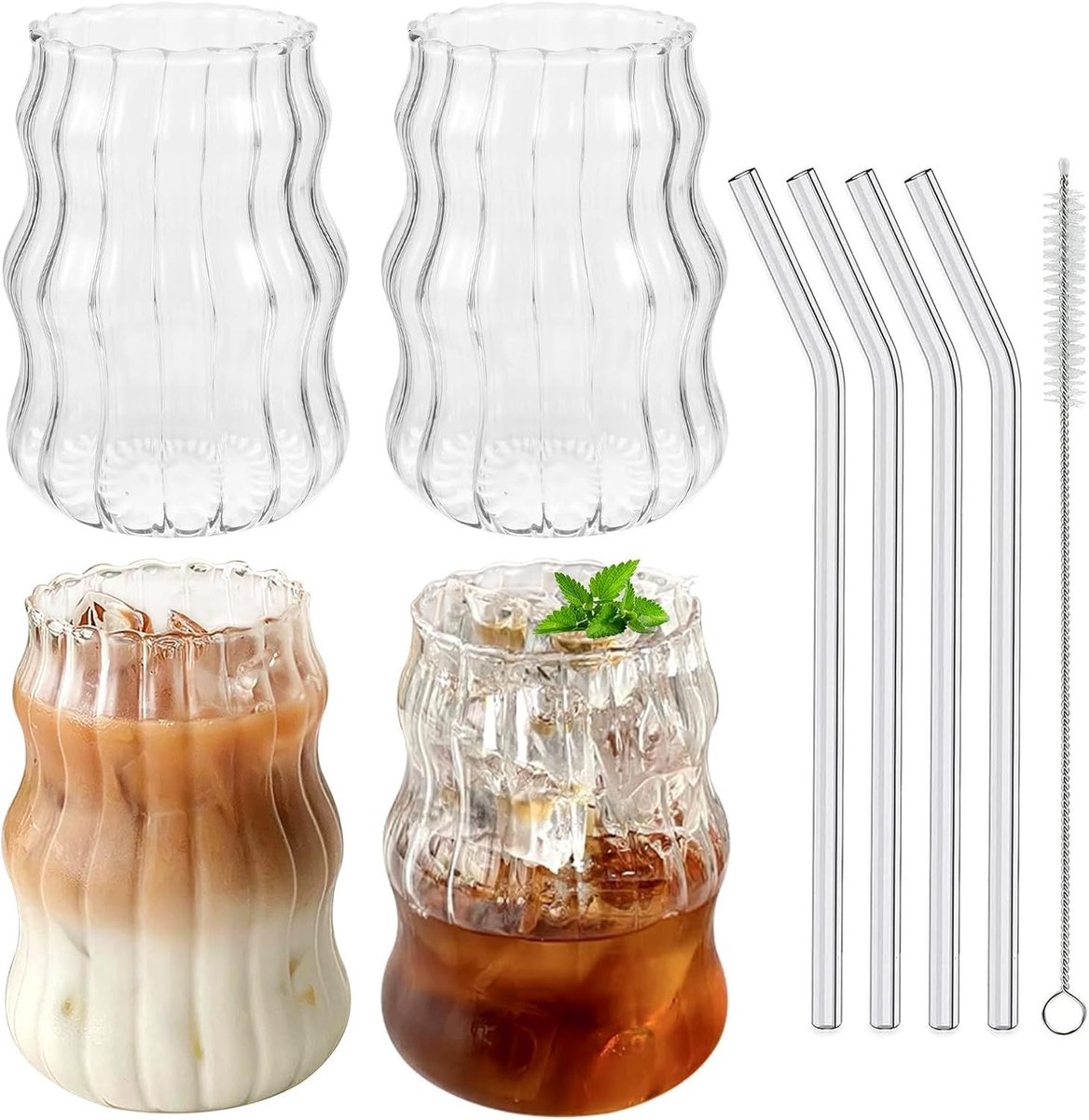 Dailygoods- Koffieglazen 530 ml - Dubbelwandig - Met rietje - Latte macchiato - Borosilicaatglas - Set van 4 stuks - Drinkglazen