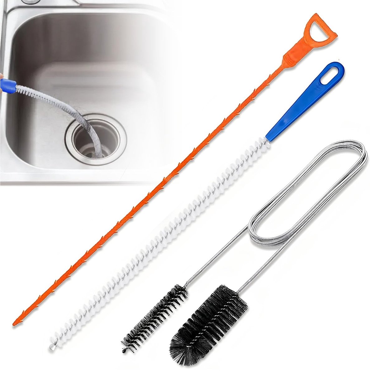Inovra- Afvoerreiniger Set - 3-delige Buisreinigers - Roestvrij Stalen/Plastic - Flexibel/Duurzaam - Voor Keuken/Badkamer - Effectieve Verstopte Kanalen - Buisreiniger