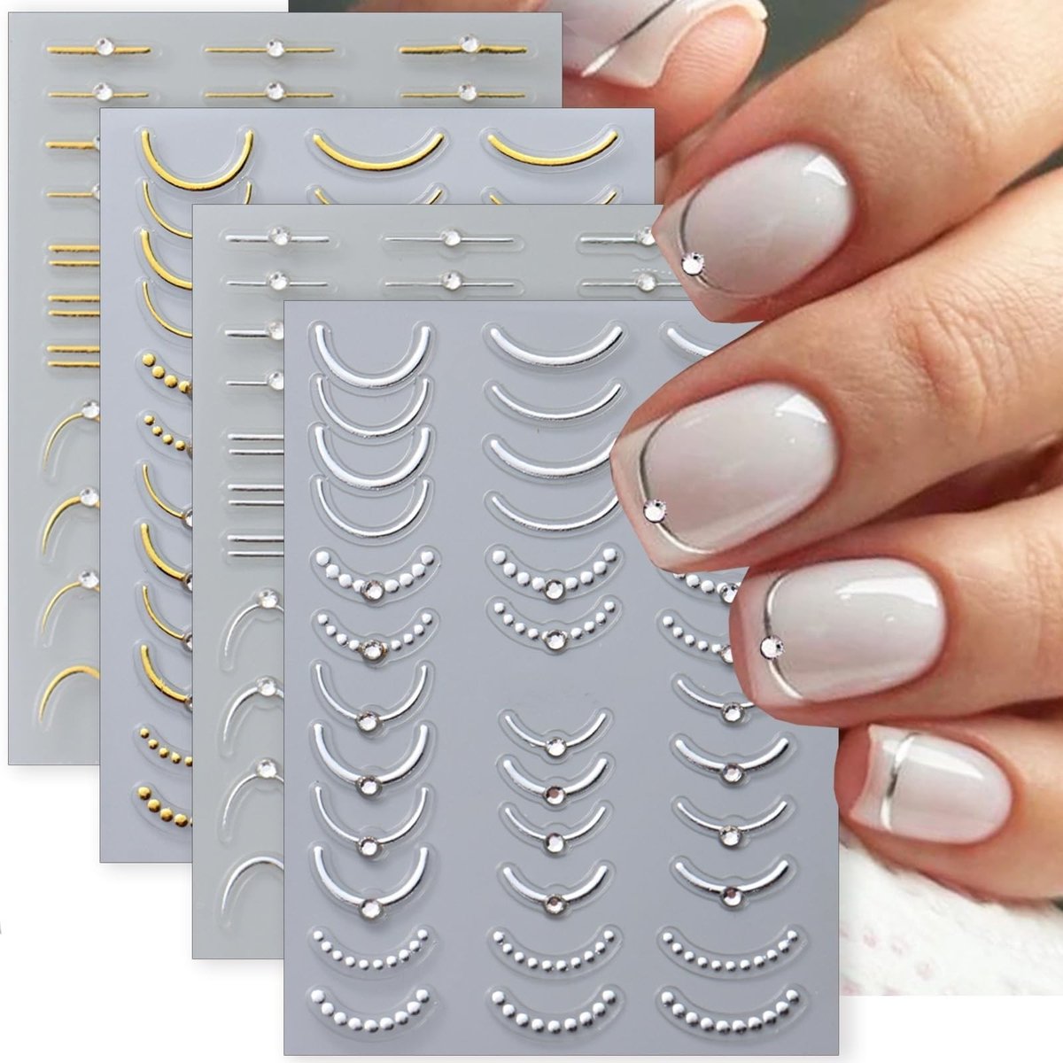 Dailygoods- Nagelstickers 5D goud/zilver - Zelfklevend - Nageldesign stickers - Nail art stickers - Franse manicure - 4 vellen met strass