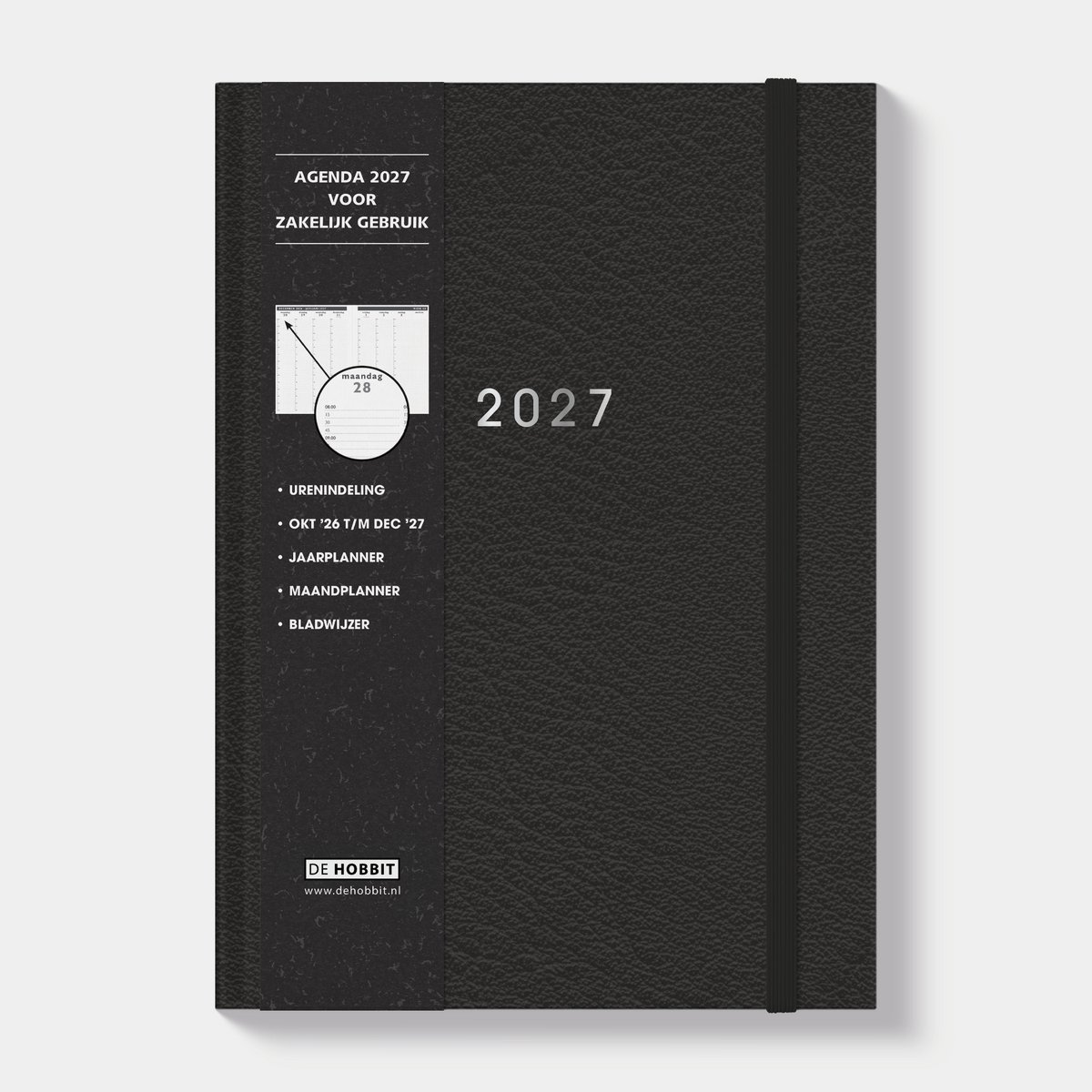 Hobbit - Zakenagenda 2027 - Afsprakenagenda - A4 (21 x 29,7 cm) - Tijdindeling per kwartier - 1 week over 2 pagina's - Harde Kaft - Lederlook Zwart
