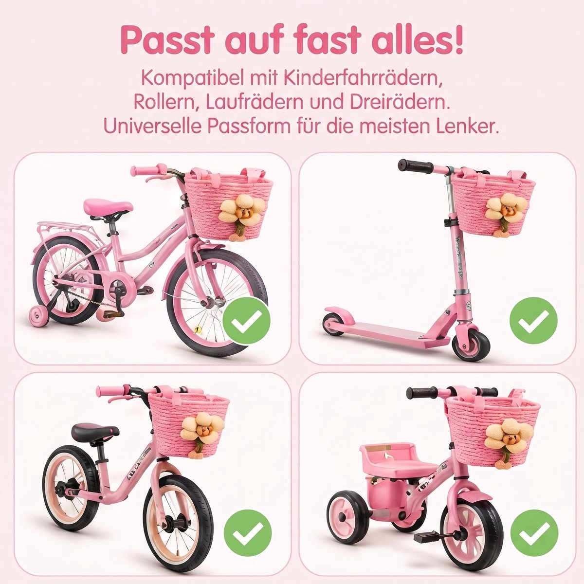 Dailygoods- Fietsmand Kinderen - Gevlochten - Roze Kleur - Bloemen - Duurzaam Materiaal - Afneembaar - Kinderfietsmand