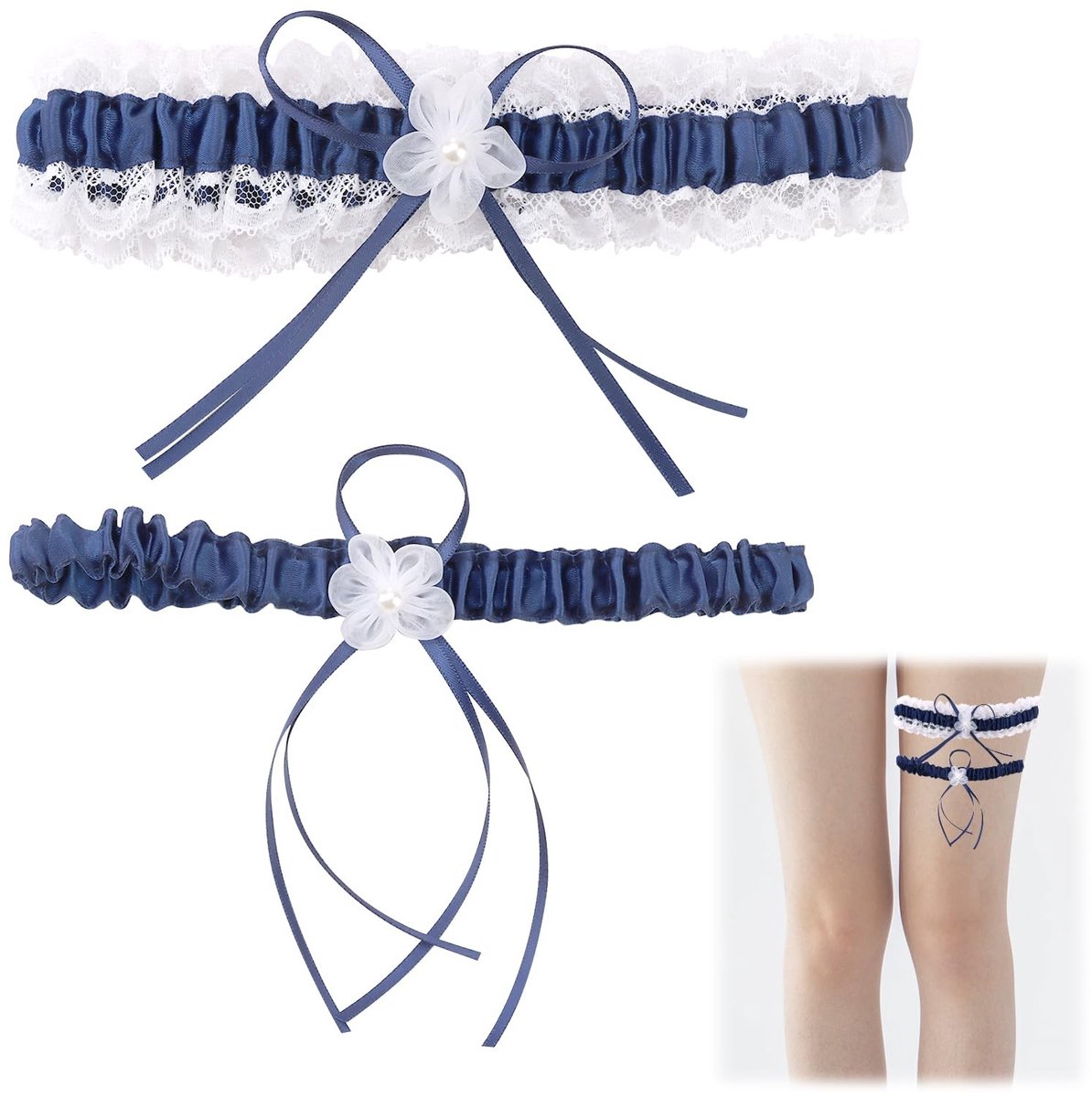 Dailygoods- Bruiloftskousenband Elegante Pasvorm - Elastische Kousenband - Wit Kant/Satijnen Band - Bruidshoofdaccessoire - Aanpasbare Maat 33-64 cm - Trouwkousenband