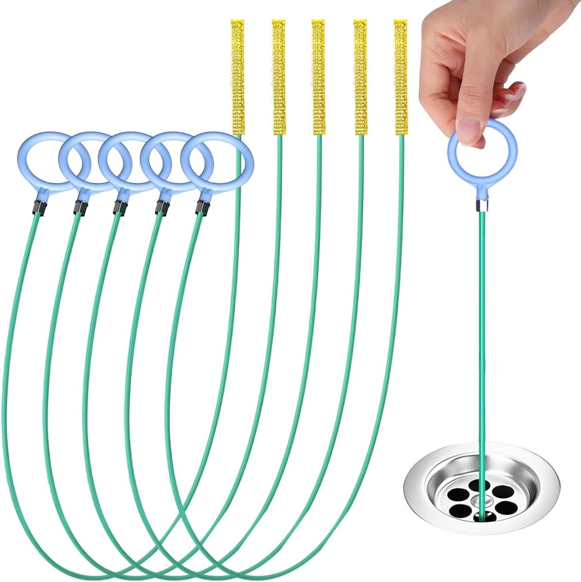 Set van 5 Herbruikbare Afvoerreinigers - Spiralen van 90 cm voor Badkamer en Keuken, Effectieve Afvoerontstopper met Grip Ring