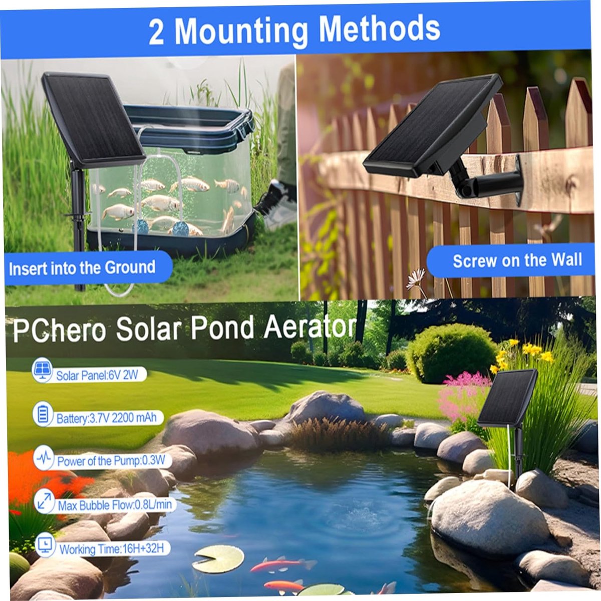 VHV - Zuurstofpomp vijver - Vijverbeluchter zonne energie - Luchtpomp vijver - Solar - Stil ontwerp - Dubbele uitlaat - Voor buiten, aquarium en tuinvijver - 14*13*20cm - Zwart — cadeau in Cadeau-ideeën - foto 2