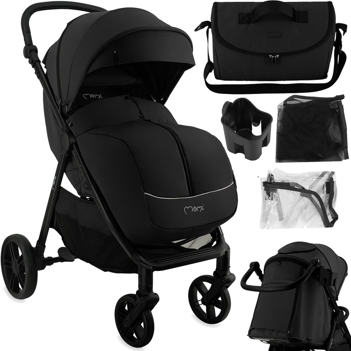 MoMi CLARA Kinderwagen - Verstelbare Duwstang - Vering op Alle Wielen - Tot 22 kg - Zwart