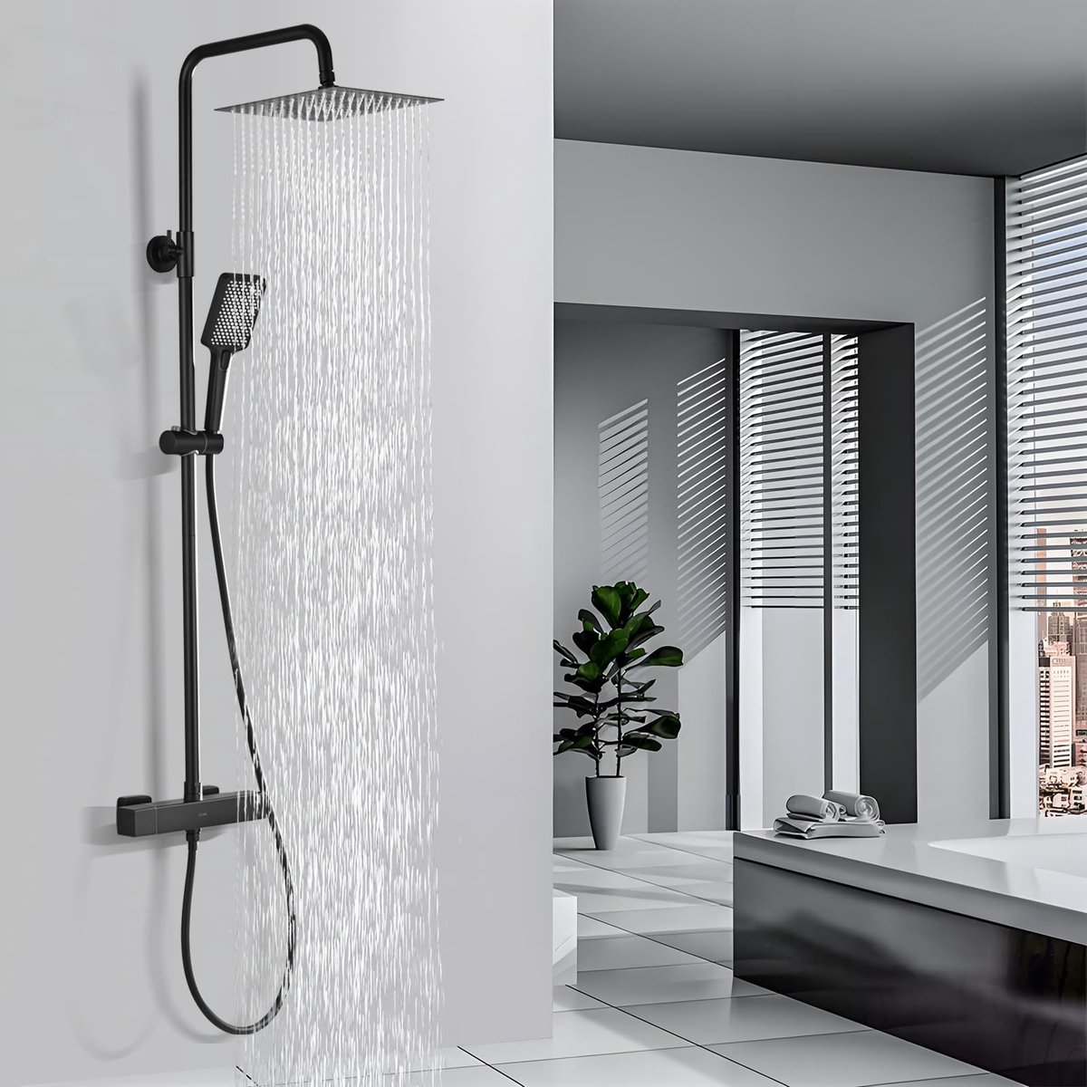 Dailygoods- Douchesysteem met Thermostaat - Roestvrij Stalen Douchearmatuur - 25 cm Vierkante Overhead Regendouche - Hoogte Verstelbare Douchestang - 3 Straalsoorten Handdouche - Complete Set - Douchekop