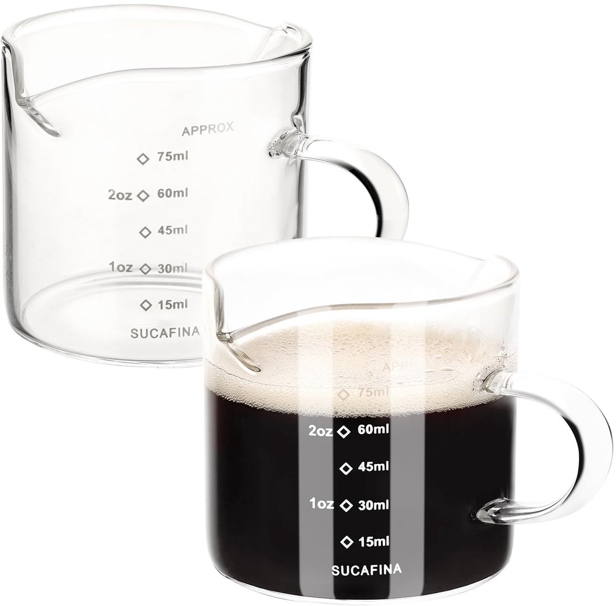 Dailygoods- Espressoglas 75ml - Dubbele Tuit - V-vormige Afvoertuit - Temperatuurbereik - Glazen Maatbeker - Handvat Ontwerp
