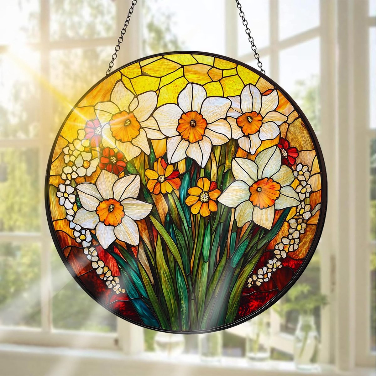 Dailygoods- Raamdecoratie Glas-in-Lood - Handgemaakte Raamhanger - Decoratie Voor Binnen/Buiten - 20 x 20 cm - Met Ketting/Hak - Hoogwaardig Gekleurd Glas