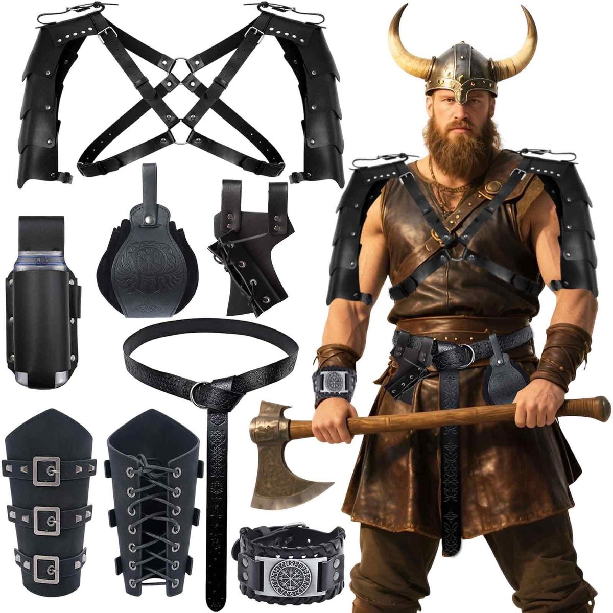 Dailygoods- Viking Kostuum Set - Middeleeuwse Kleding - Gordel/Arm Bewakers - Gordeltas - Geschikt voor Mannen/Vrouwen - Perfect voor Halloween/Carnaval - Middeleeuws Kostuum
