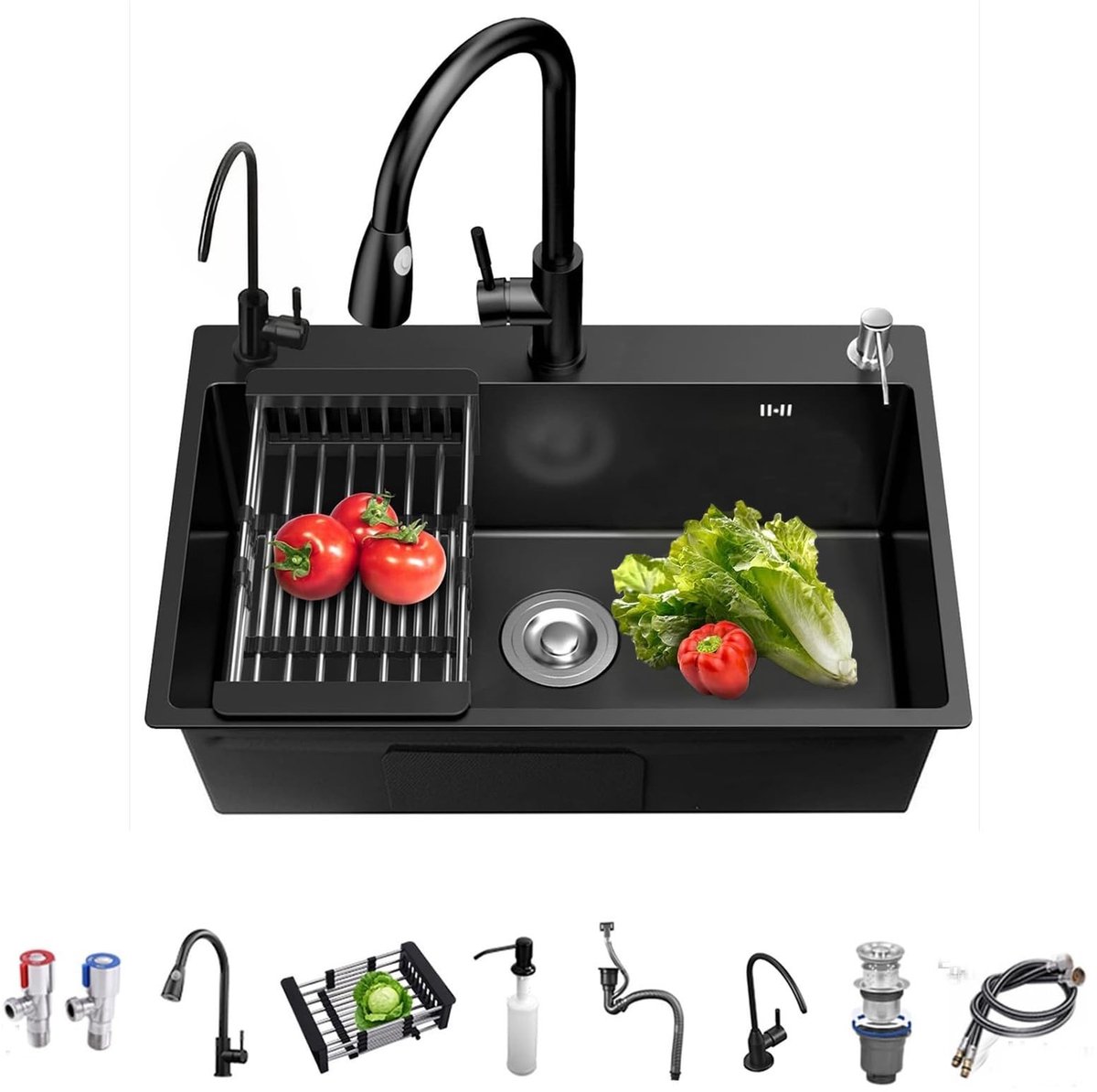 Dailygoods- Keukenspoelbak 60x45cm - Onderbouw/ bovenbouw - Roestvrij staal - Werkstation/ barspoelbak - Inclusief accessoires - Uittrekbare kraan - Gootsteen