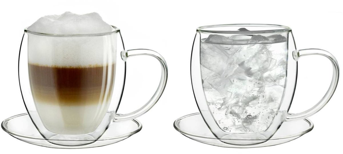 Creano dubbelwandig thermoglas 250ml, set van 2, groot hittebestendig theeglas of koffieglas van borosilicaatglas, kopje met schotel, glas
