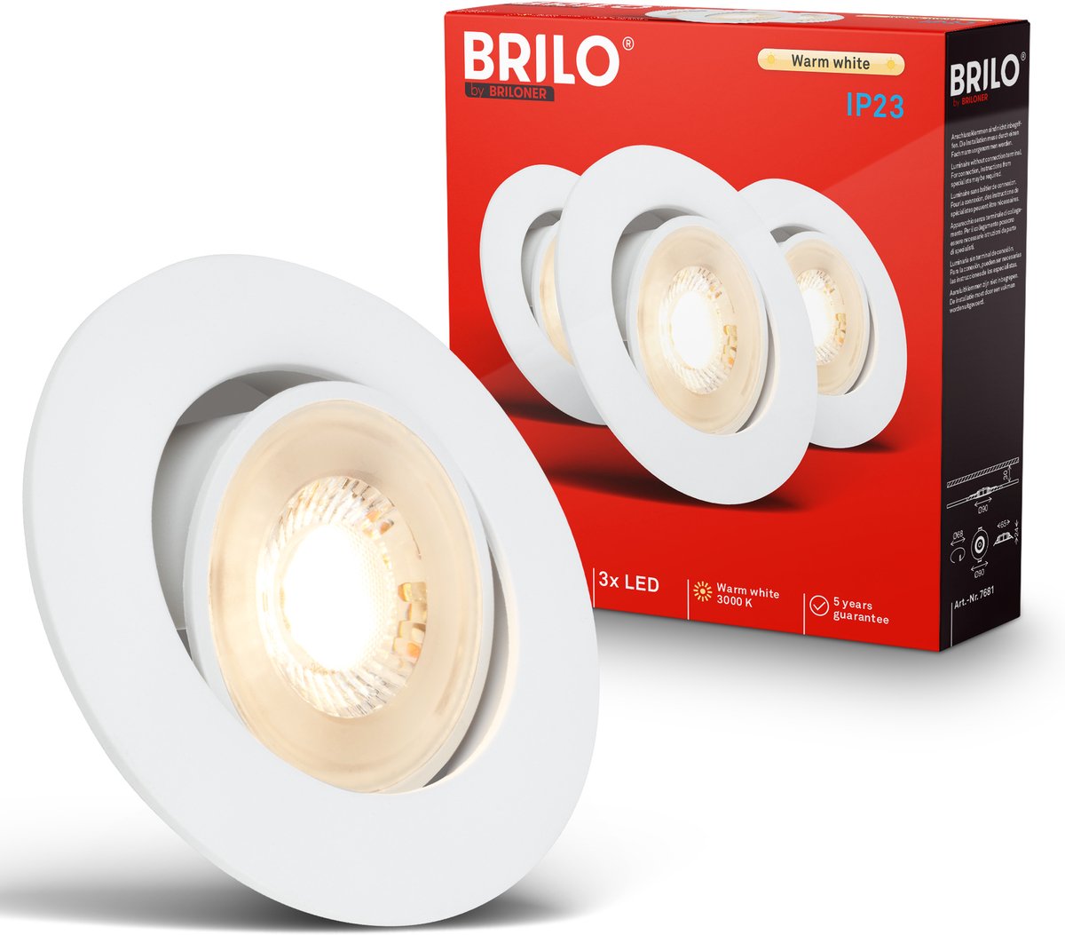 BRILONER Show - Inbouwspots set van 3 - spotjes - 3.000K warm wit licht - 4.9W - wit - Ø9cm