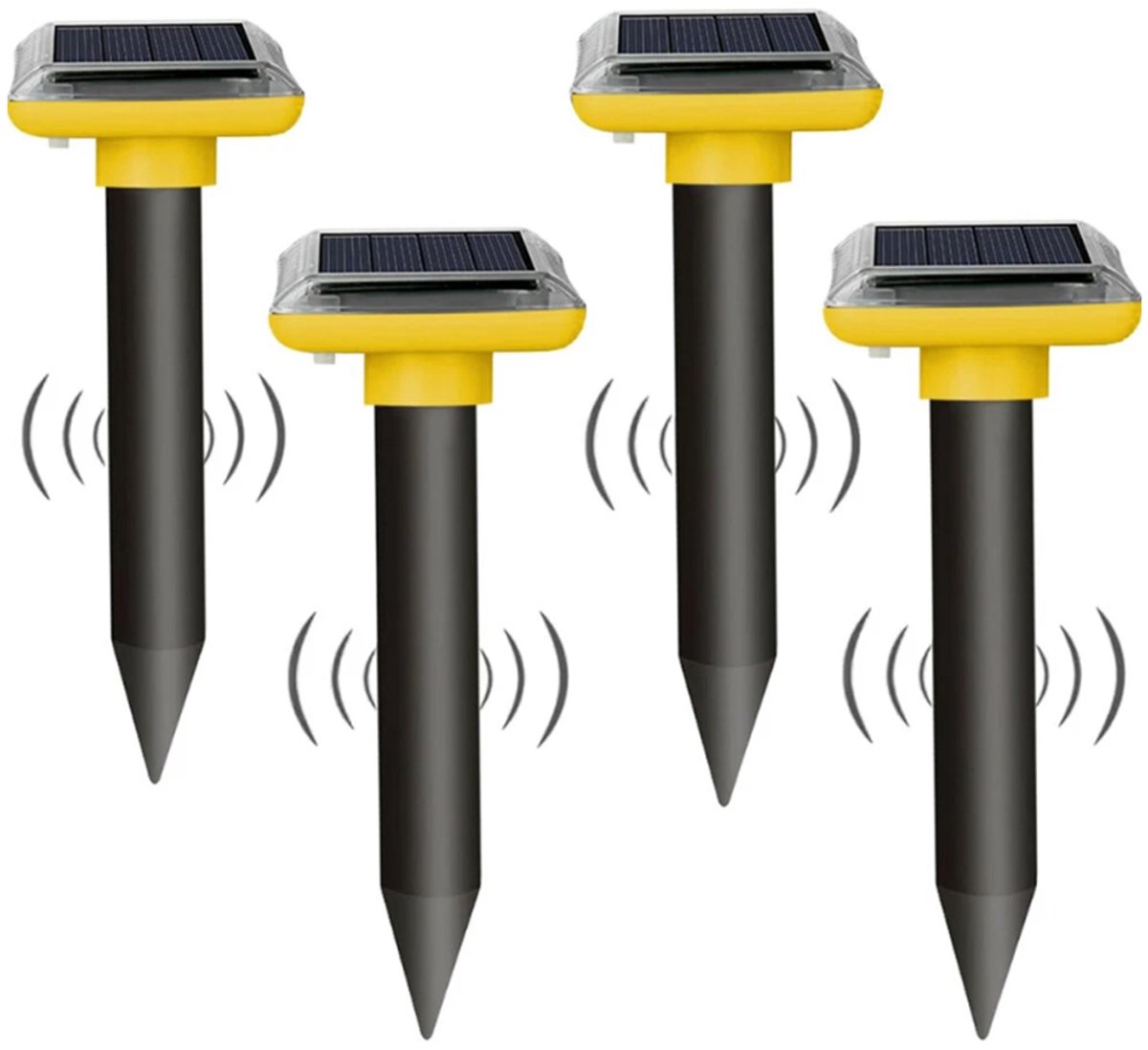 Rattenverdelger op zonne-energie – Zoemer en vibrator – Plug and Play – Ultrasone rattenverdelger – Ongediertebestrijder voor buiten – Set voor mollen- en rattenverdelging – 4-delige set – Mosterdgeel
