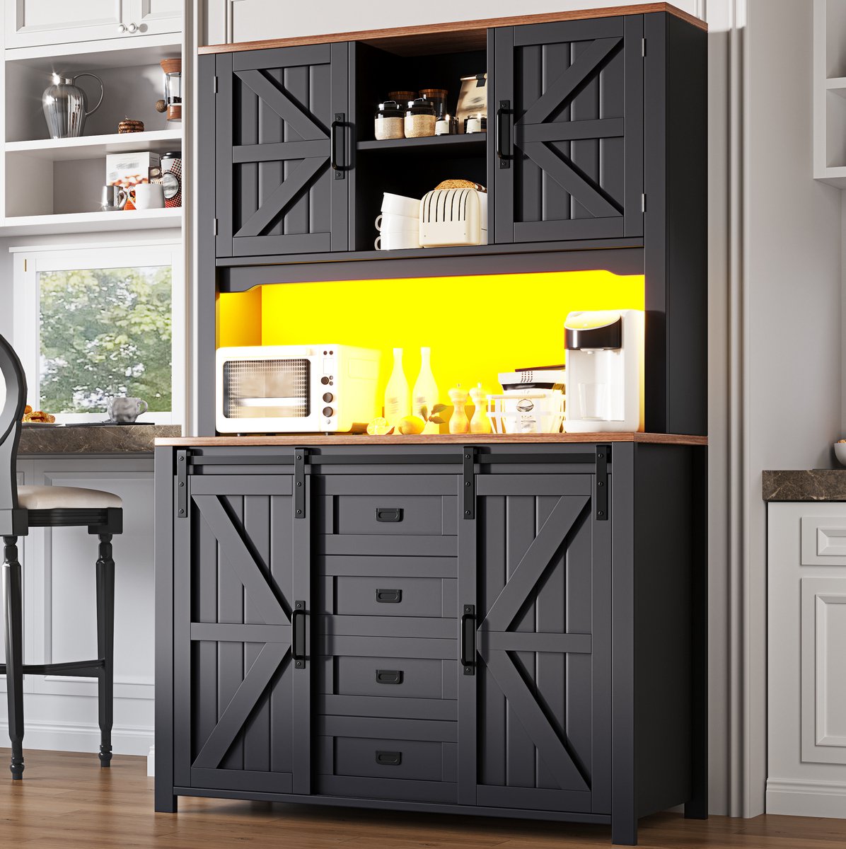 COVREO Keukenkast 115 x 40 x 174,7 cm - sideboard met LED-verlichting, schuifdeuren, zwart