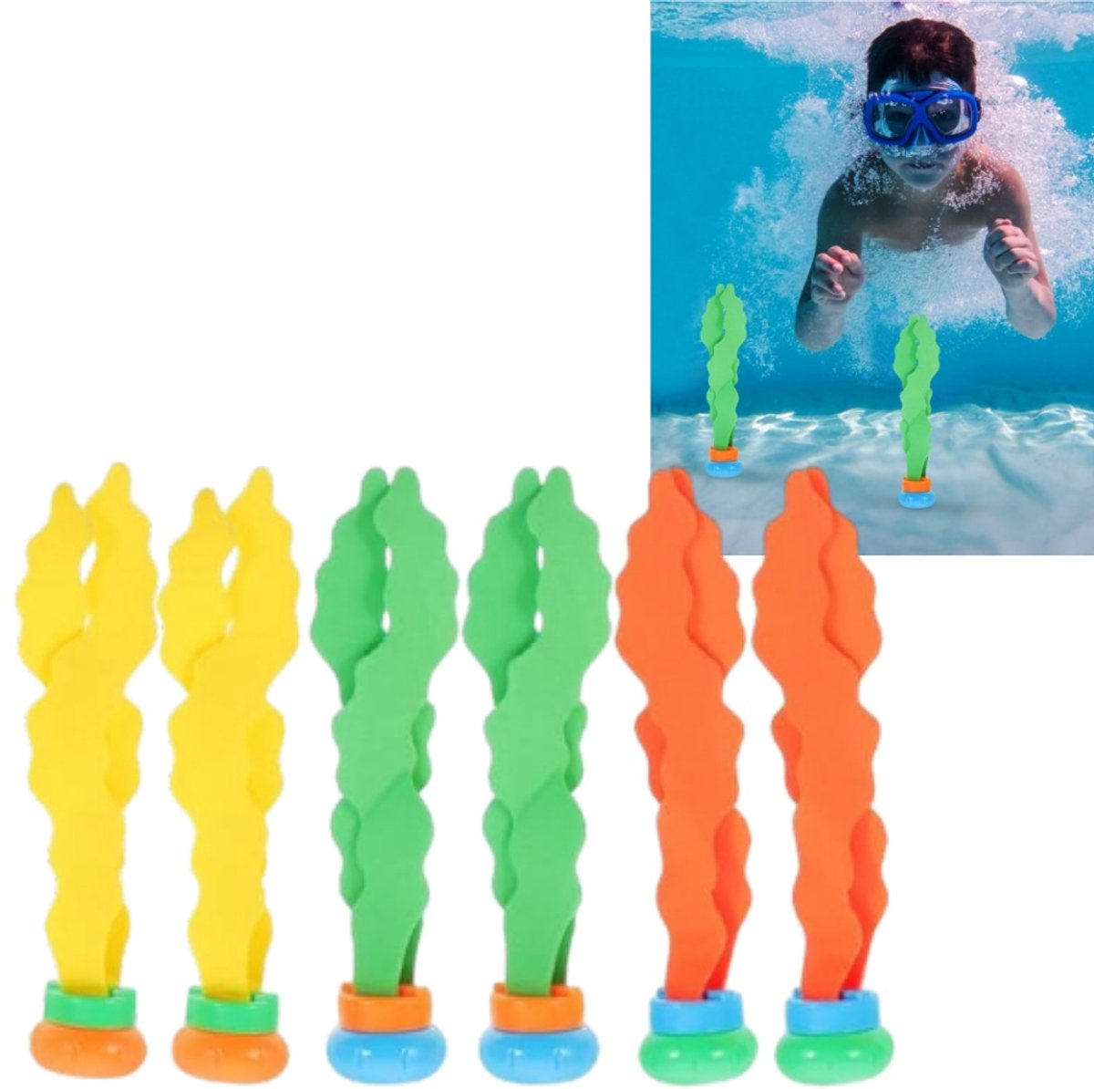 6 stuks - Duikspeelgoed met zeewier voor kinderen - Speelset voor in het zwembad - Onderwater schatzoekspel - 17 x 3,5 x 3,5 cm - Geschikt voor kinderen van 3 tot 12 jaar voor zomerse zwembadpret - Geel, Groen, Oranje