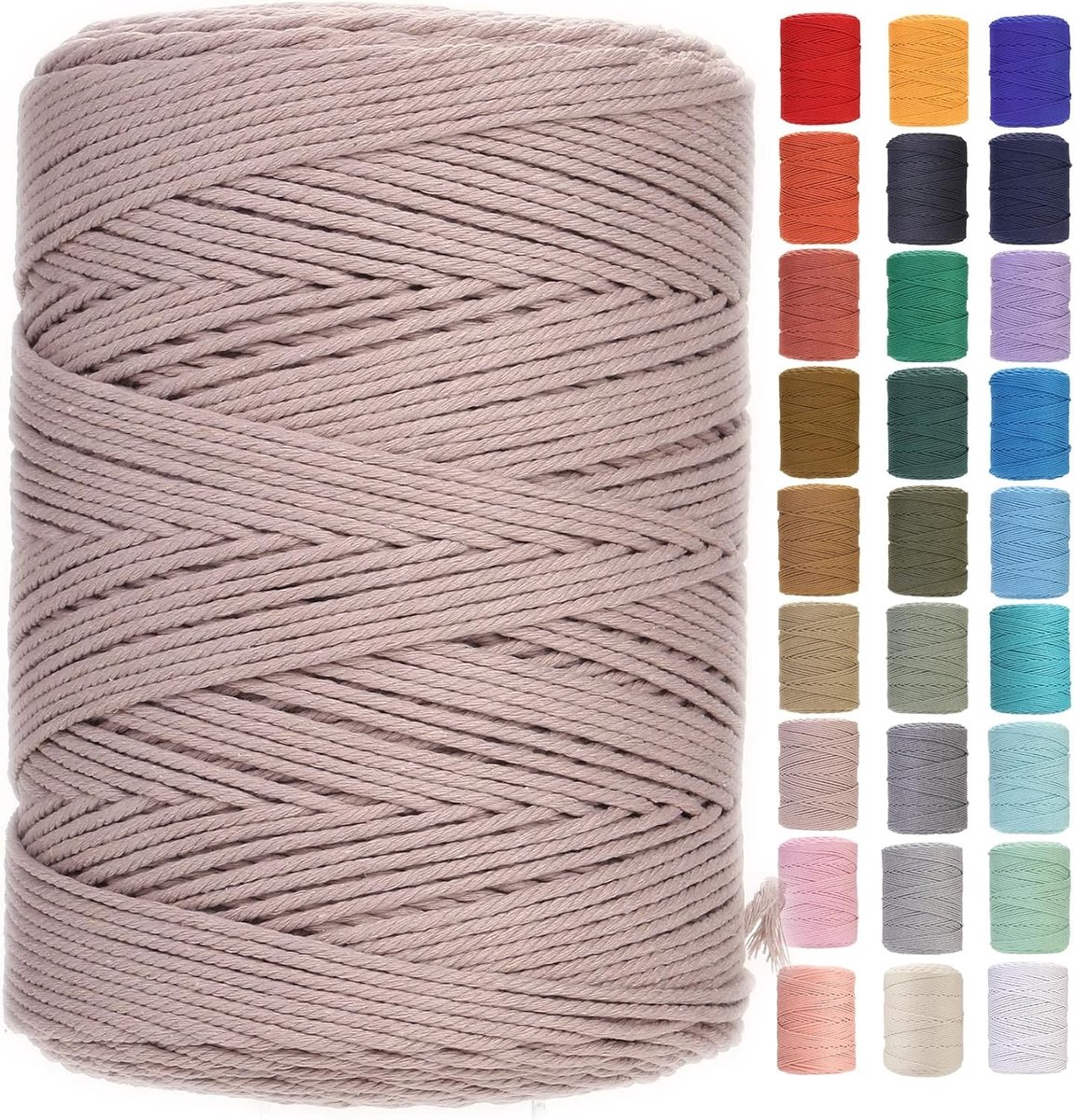 Premium Katoenen Macrame Touw 3 mm x 450 m, Zacht en Duurzaam, Ideaal voor Macrame Kunst en Handwerken, Chemisch Vrij (Warm Grijs)