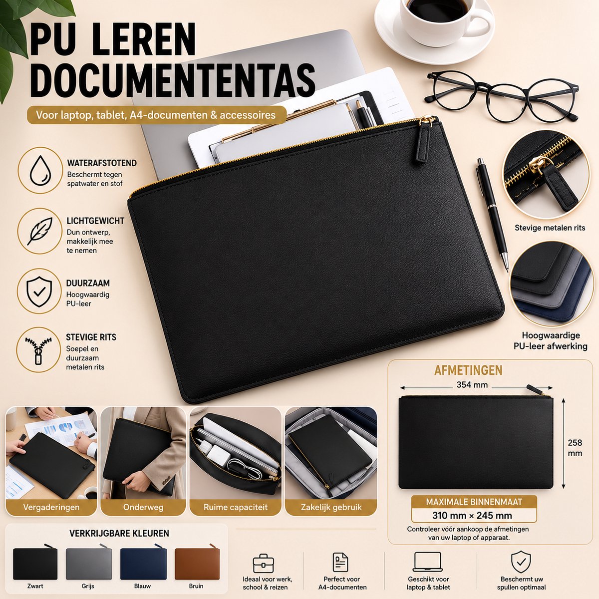 Tas PU Lederen Documententas met Rits – Laptophoes – Geschikt voor Laptop, Tablet, A4-documenten & Accessoires – Waterafstotend – Zwart