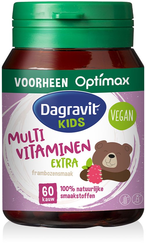 Pot Dagravit Kids Multivitaminen Extra, frambozensmaak. Vegan, 60 kauwtabletten, met berenfiguur en frambozenafbeelding.