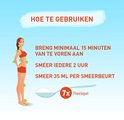 Illustratie van een vrouw die zonnebrandcrème aanbrengt met de tekst 'HOE TE GEBRUIKEN'.