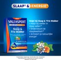 Verpakking van Valdispert Slaap & Fris wakker met lijst met voordelen en afbeelding van bloemen: passiebloem, meidoorn, slaapmutsje en munt. Tekst: Slaap & Energie.