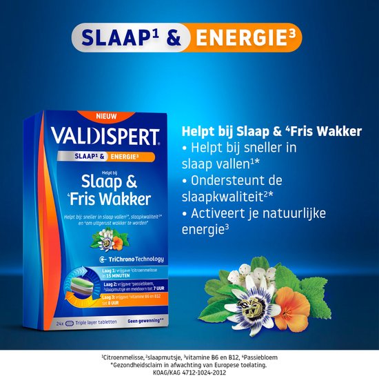 Verpakking van Valdispert Slaap & Fris wakker met lijst met voordelen en afbeelding van bloemen: passiebloem, meidoorn, slaapmutsje en munt. Tekst: Slaap & Energie.