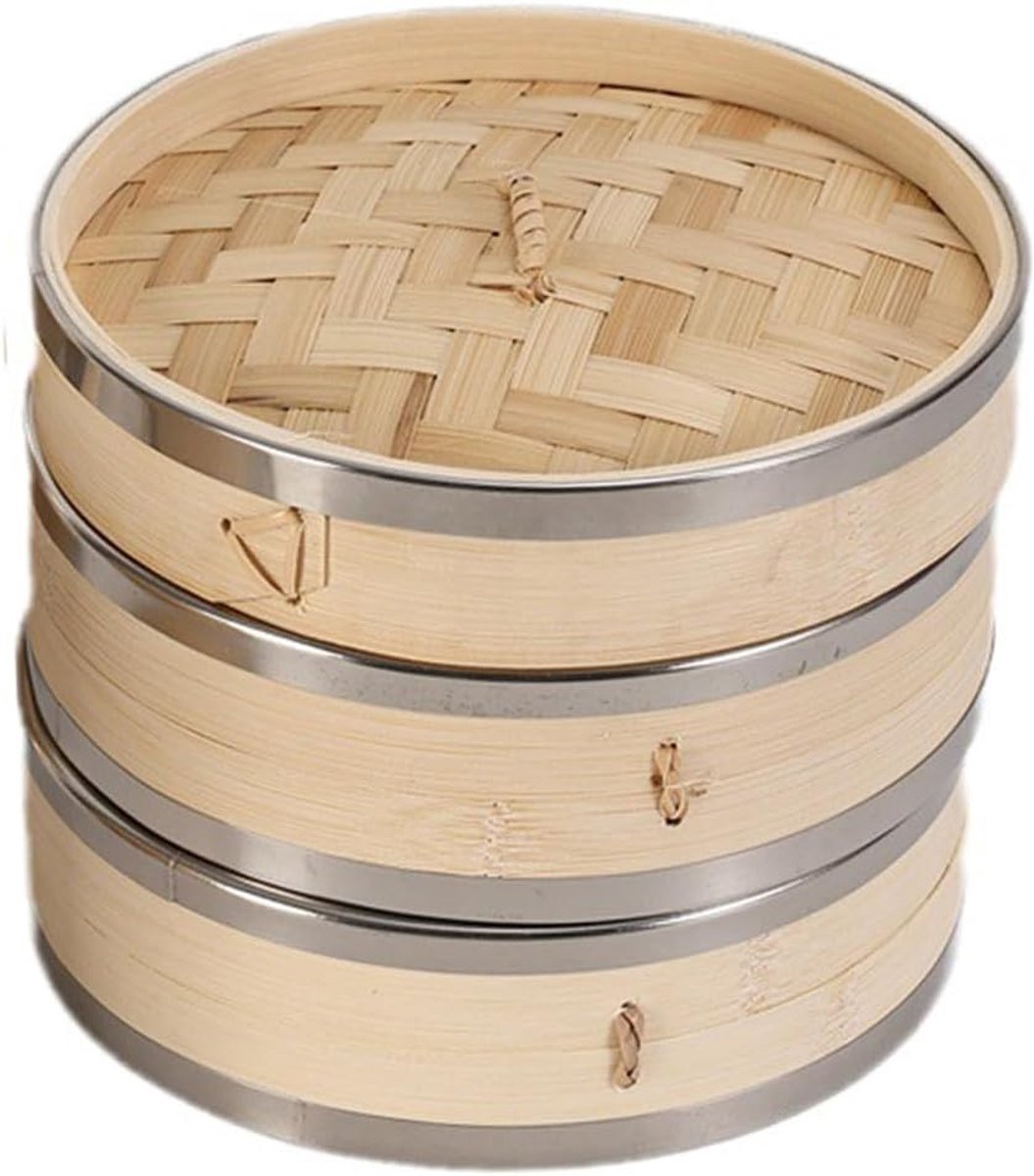 18 cm Bamboestoompan met 2 Lagen en Deksel, Perfect voor Dim Sum, Dumplings, Groenten en Vis bereiden