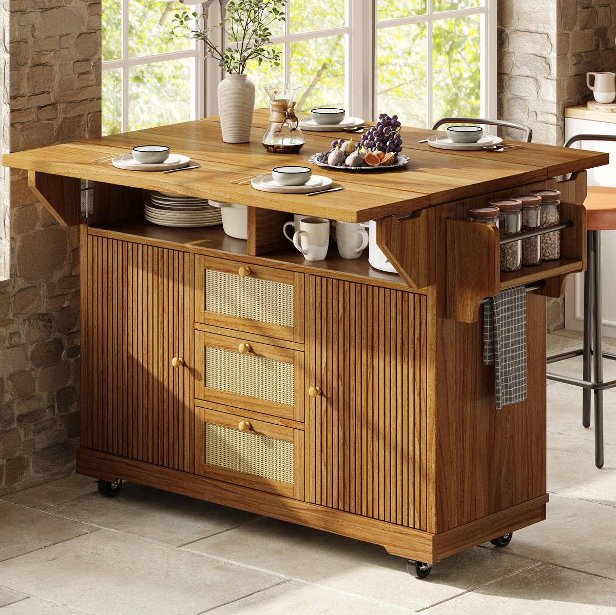 OKWISH Keukenkast - Uitklapbare Serveerwagen Met Dubbel Klapblad - 142,5 x 80 x 95 cm - Veel Opbergruimte - MDF Donkerbruin