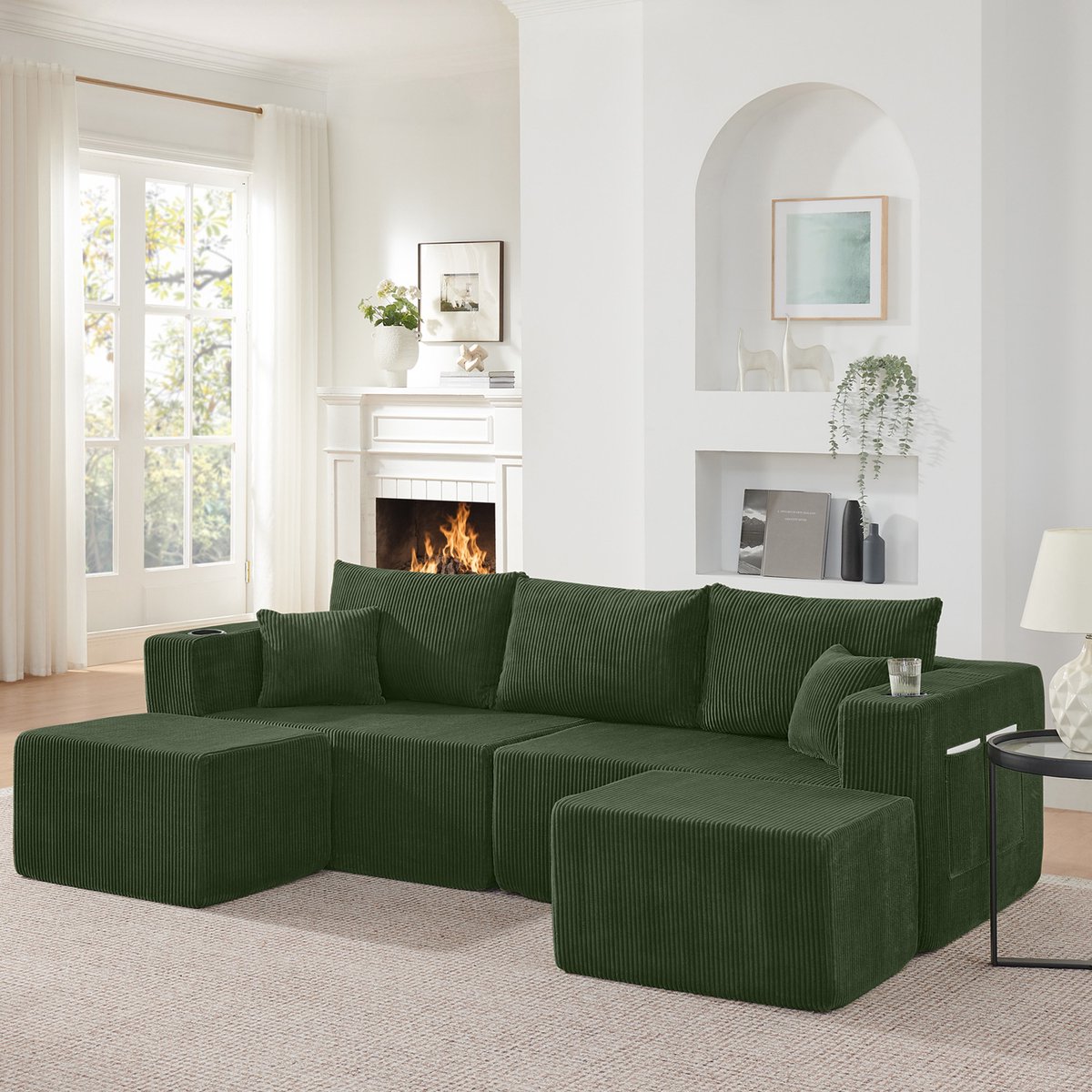 PHOEBE CAT 3-zits Hoekbank - Modulair ontwerp - Corduroy - Met bekerhouders - 2 kussens - Groen
