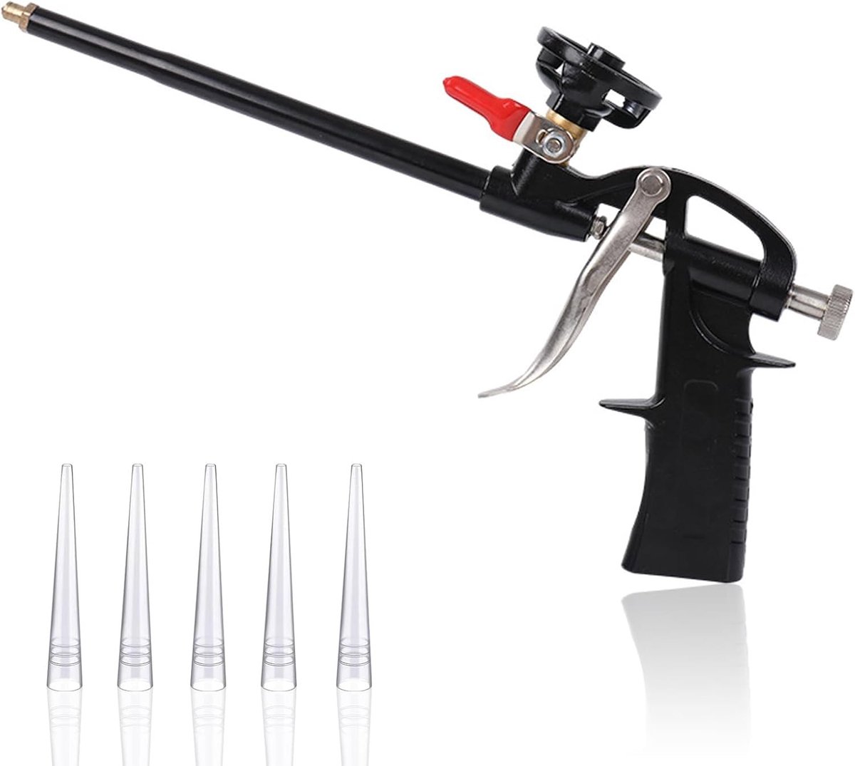 Professionele Schuimspuit voor Constructie, Inclusief 5 Verwisselbare Mondstukken, Aluminium en Teflon Coating, Ergonomisch Handvat, Ideaal voor Sealen en Isoleren