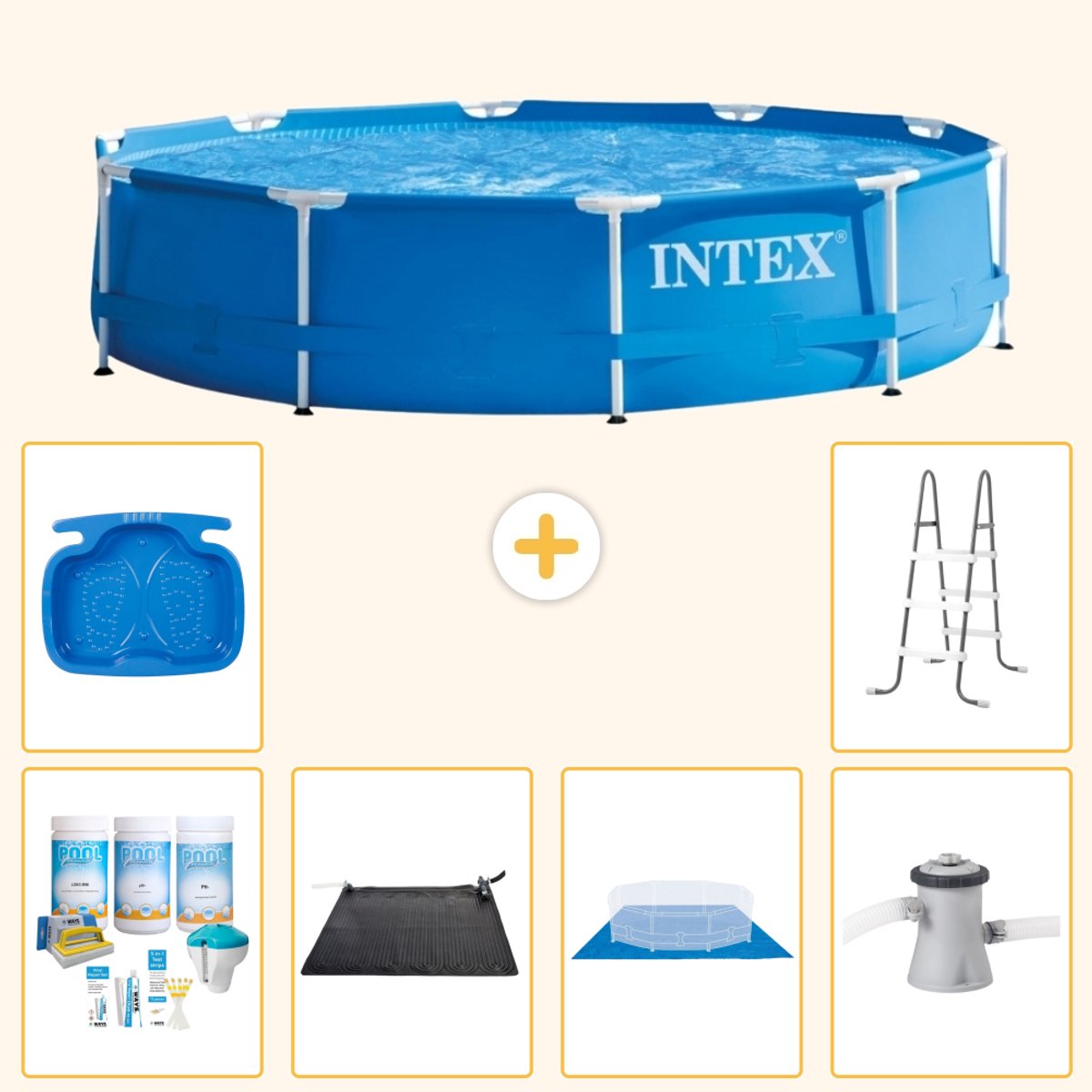 Intex Rond Frame Zwembad – 305 x 76 cm – Blauw – Inclusief Onderhoudspakket – Solar Mat – Grondzeil – Zwembadfilterpomp – Voetenbad – Ladder – 7-delig