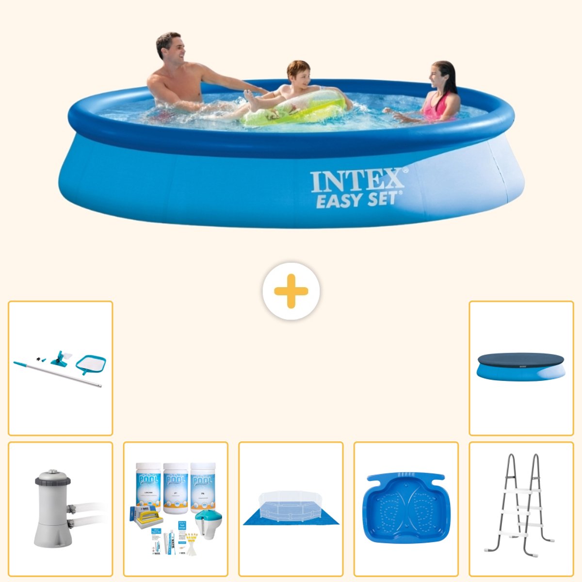 Intex Rond Opblaasbaar Easy Set Zwembad - 366 x 76 cm - Blauw - Inclusief Pomp - Onderhoudspakket - Grondzeil - Voetenbad - Ladder - Schoonmaakset - Afdekzeil - 8-delig